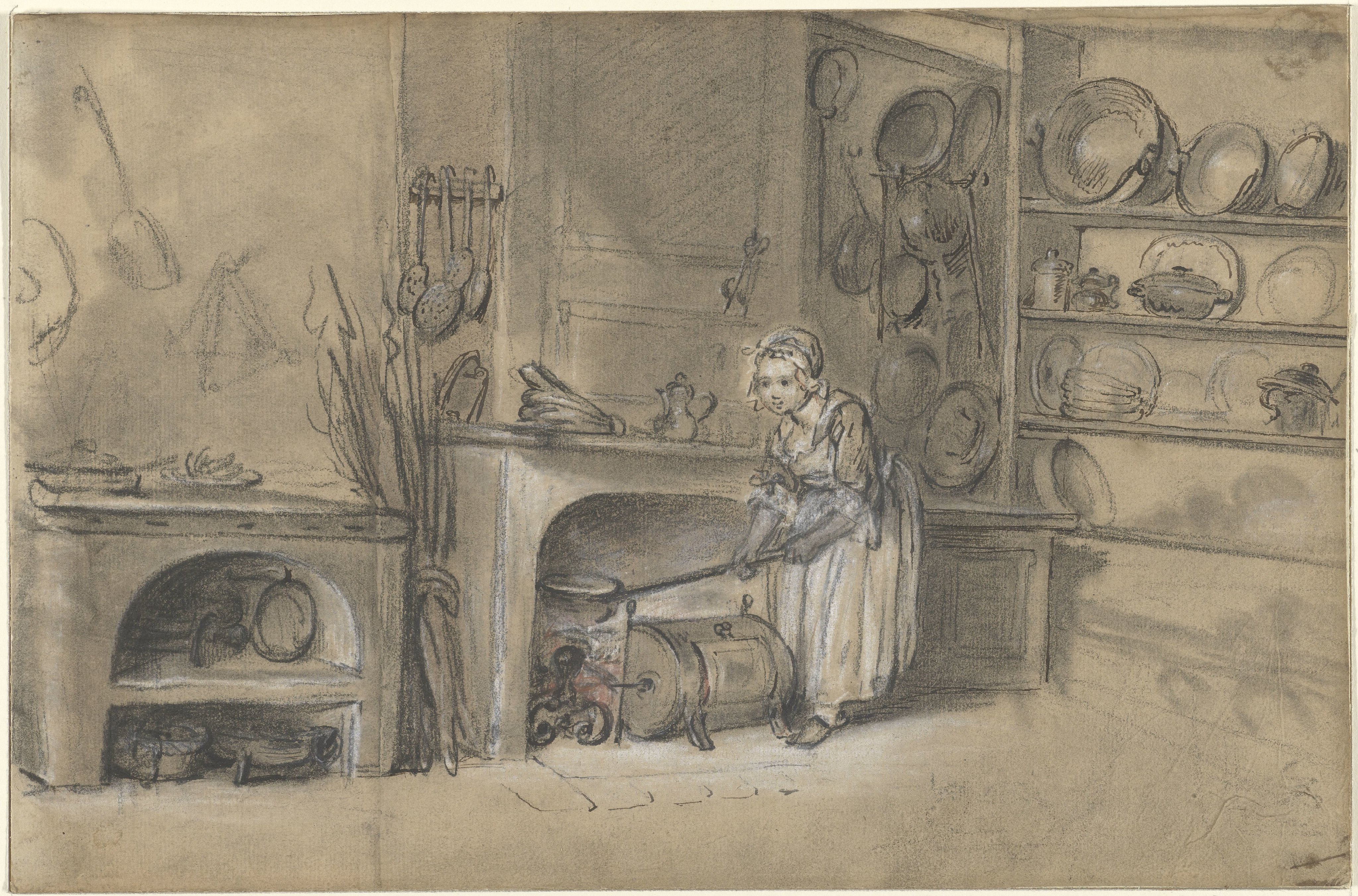 Kitchen-sene with a Girl frying Pancakes