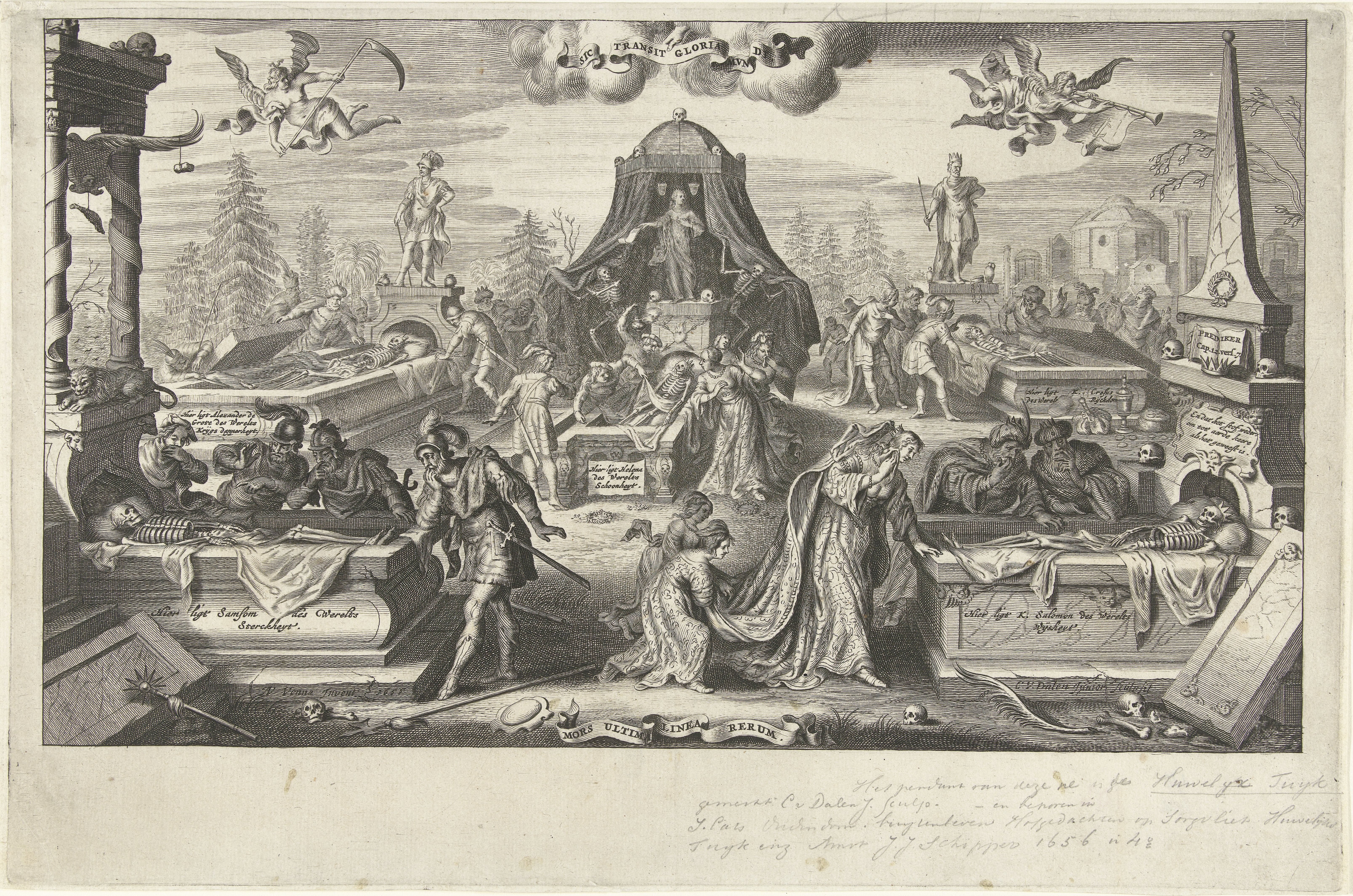Mannen en vrouwen kijken in de geopende graftombes van historische personen