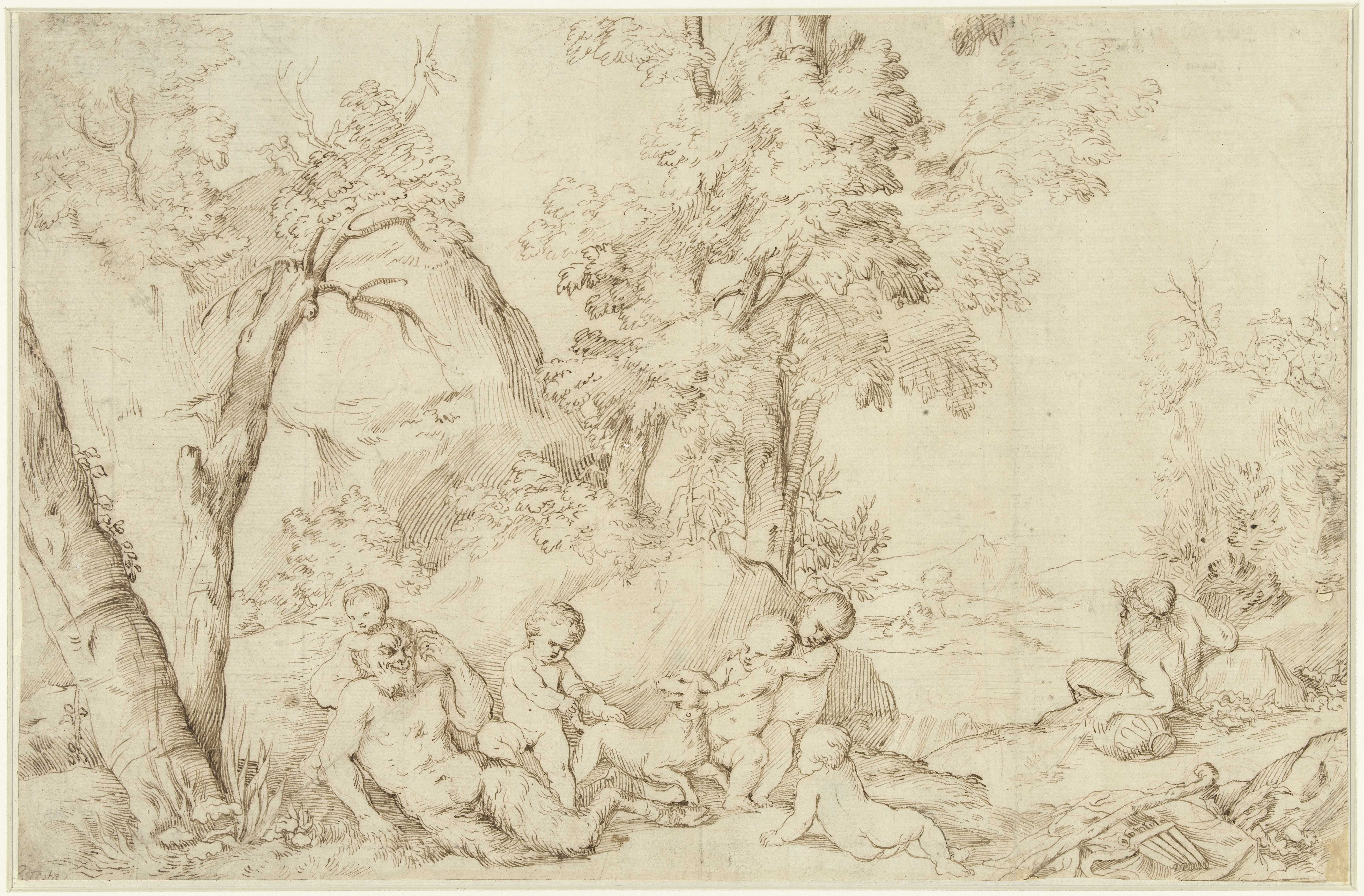 Landschap met sater en putti