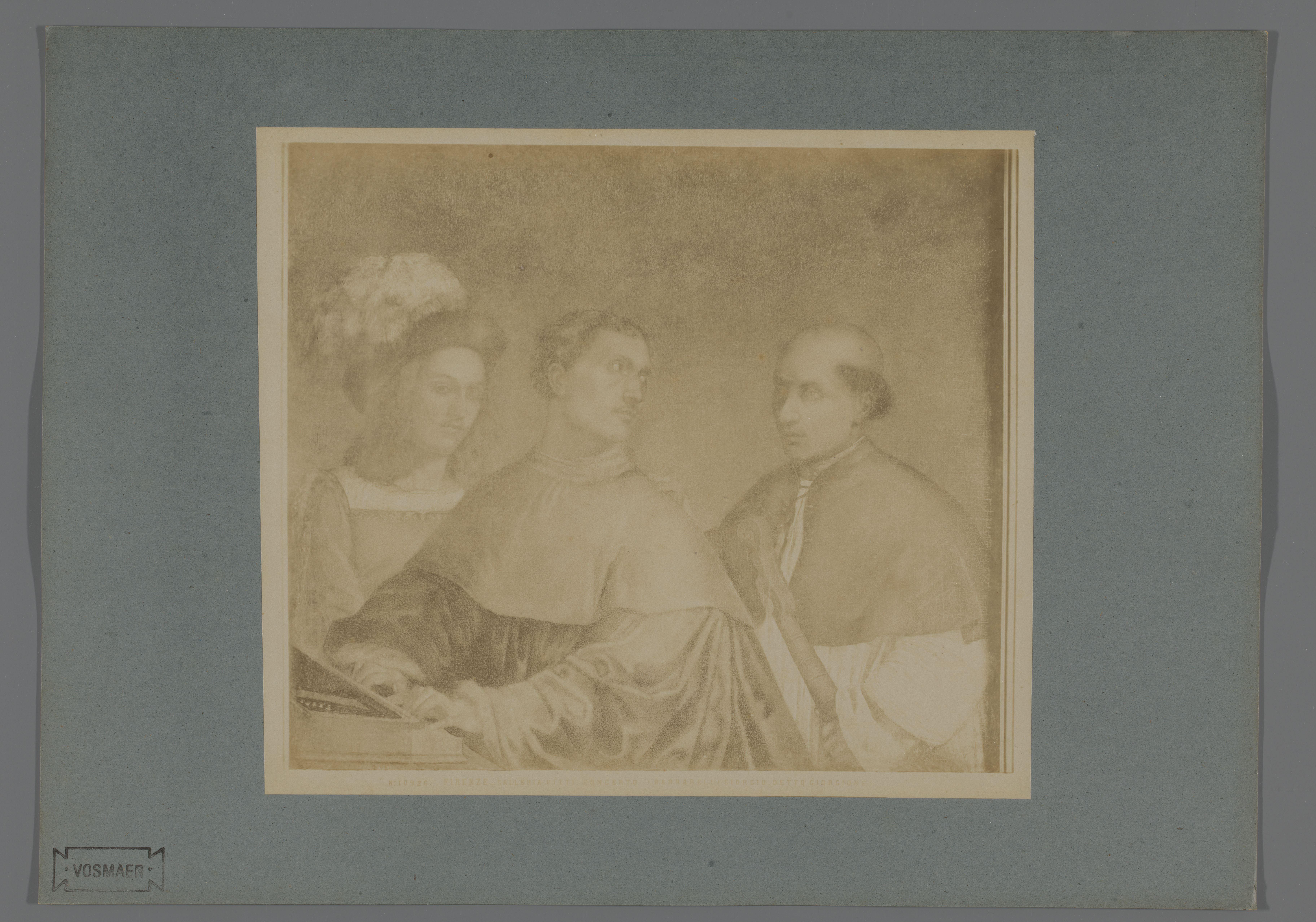 Fotoreproductie van het schilderij Un Concerto door Giorgione in de Galleria Palatina te Florence, Italië