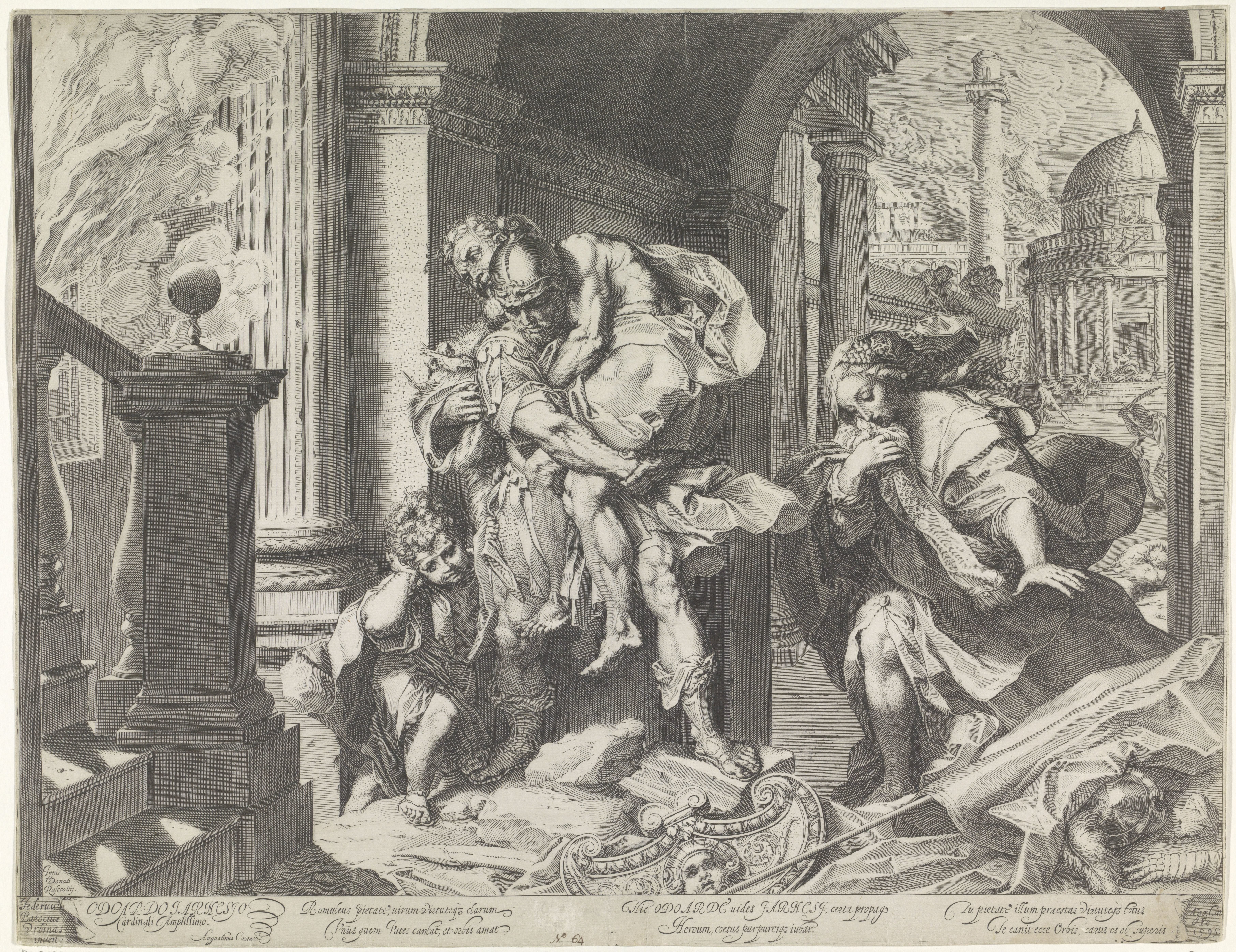 Aeneas vlucht met zijn familie uit Troje