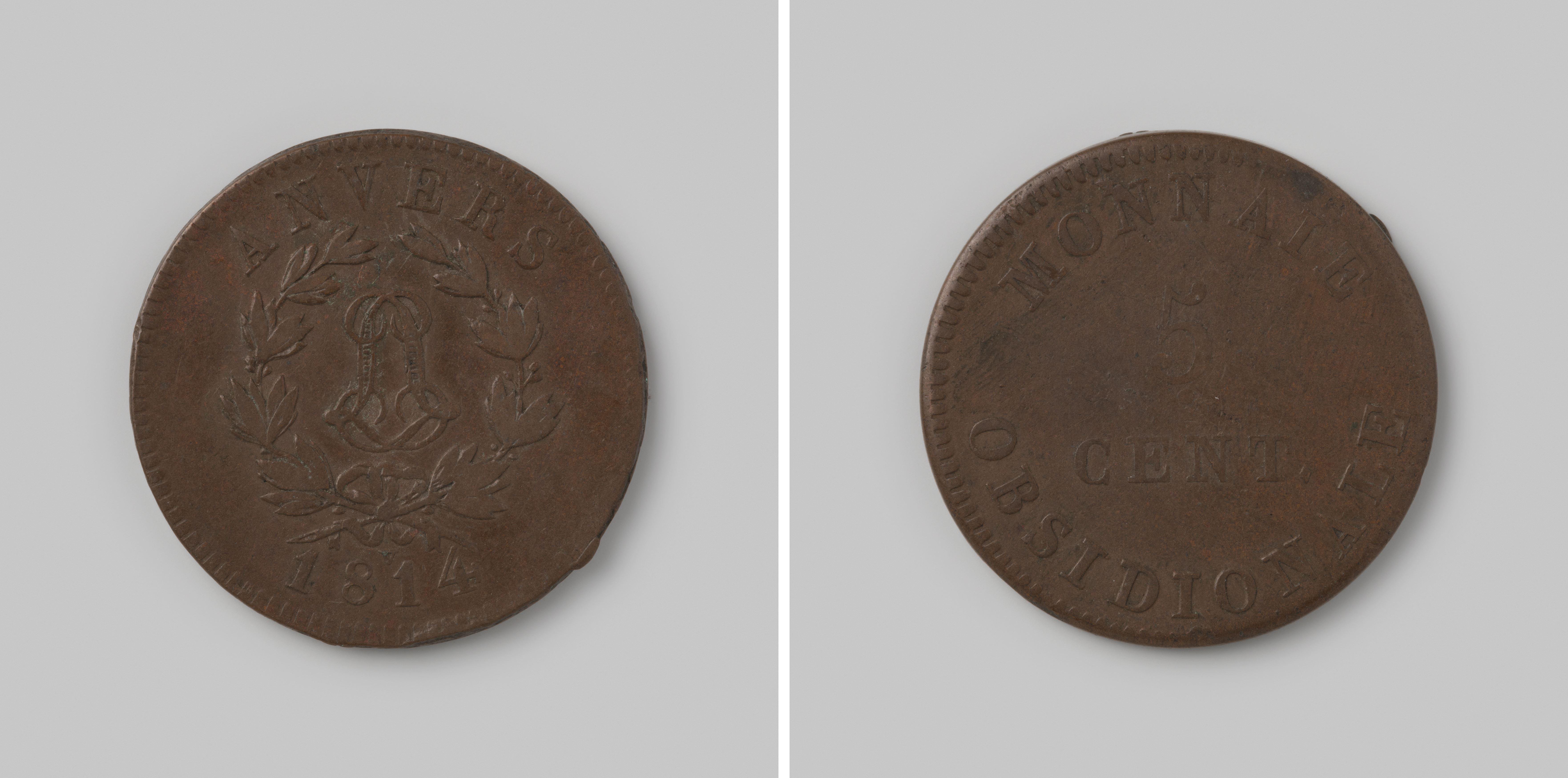 Vijf centimes, noodmunt uit Antwerpen op naam van Lodewijk XVIII, 1814