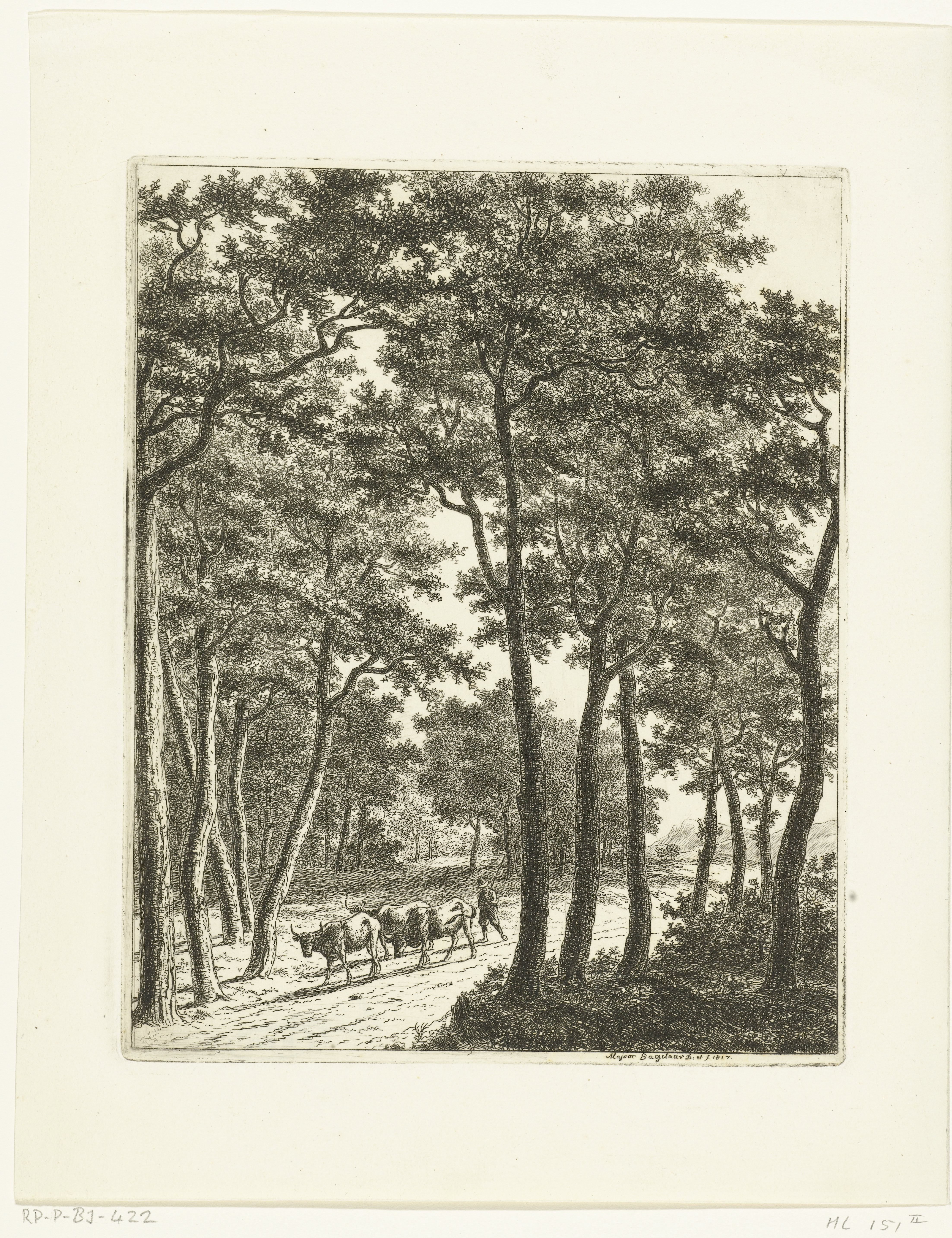 Boslandschap met een herder en drie koeien