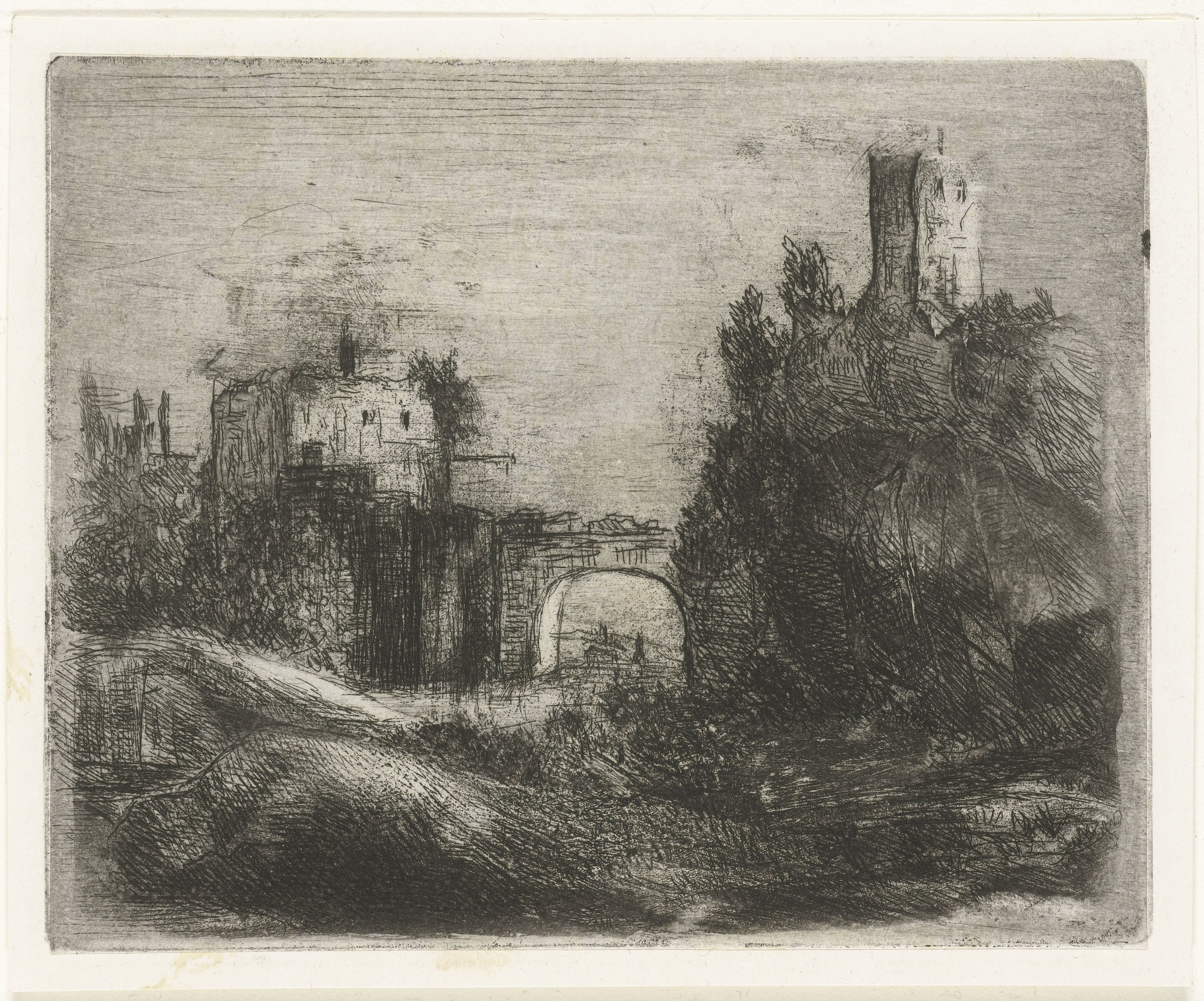 Zuidelijk landschap met poort en toren op rots