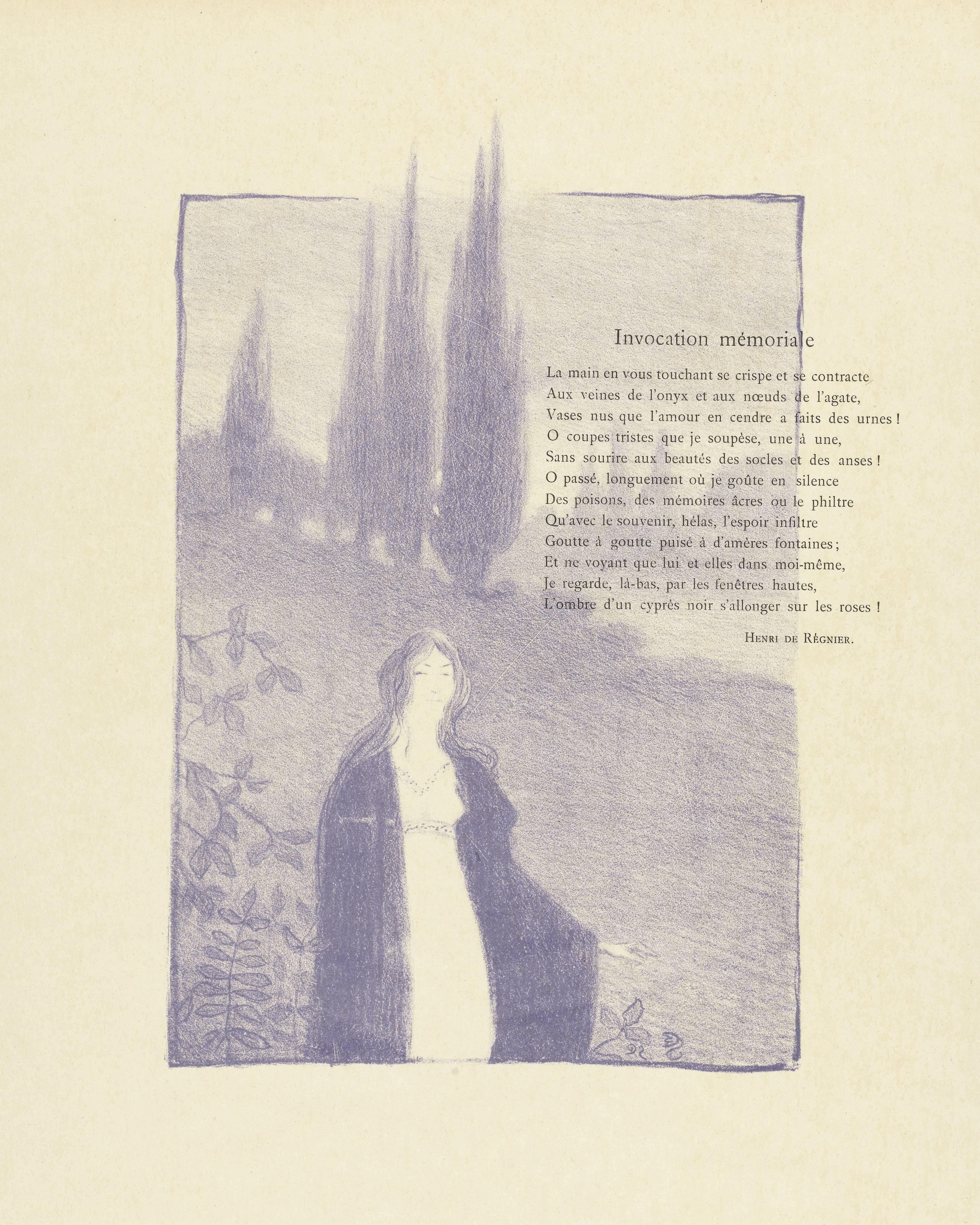 Illustratie met vrouw in landschap bij gedicht Invocation mémoriale van Henri de Régnier