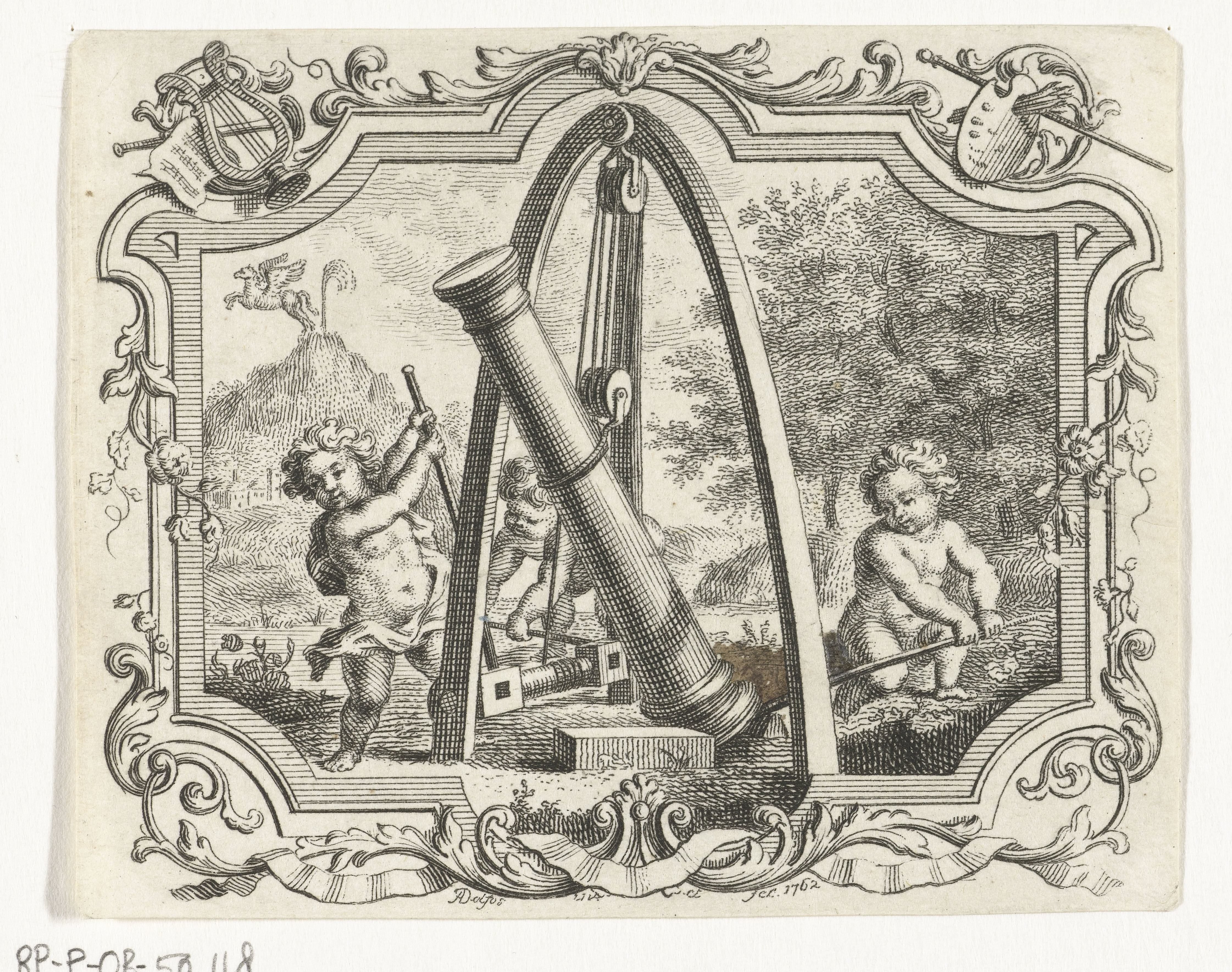 Drie putti richten zuil op met takel, in cartouche