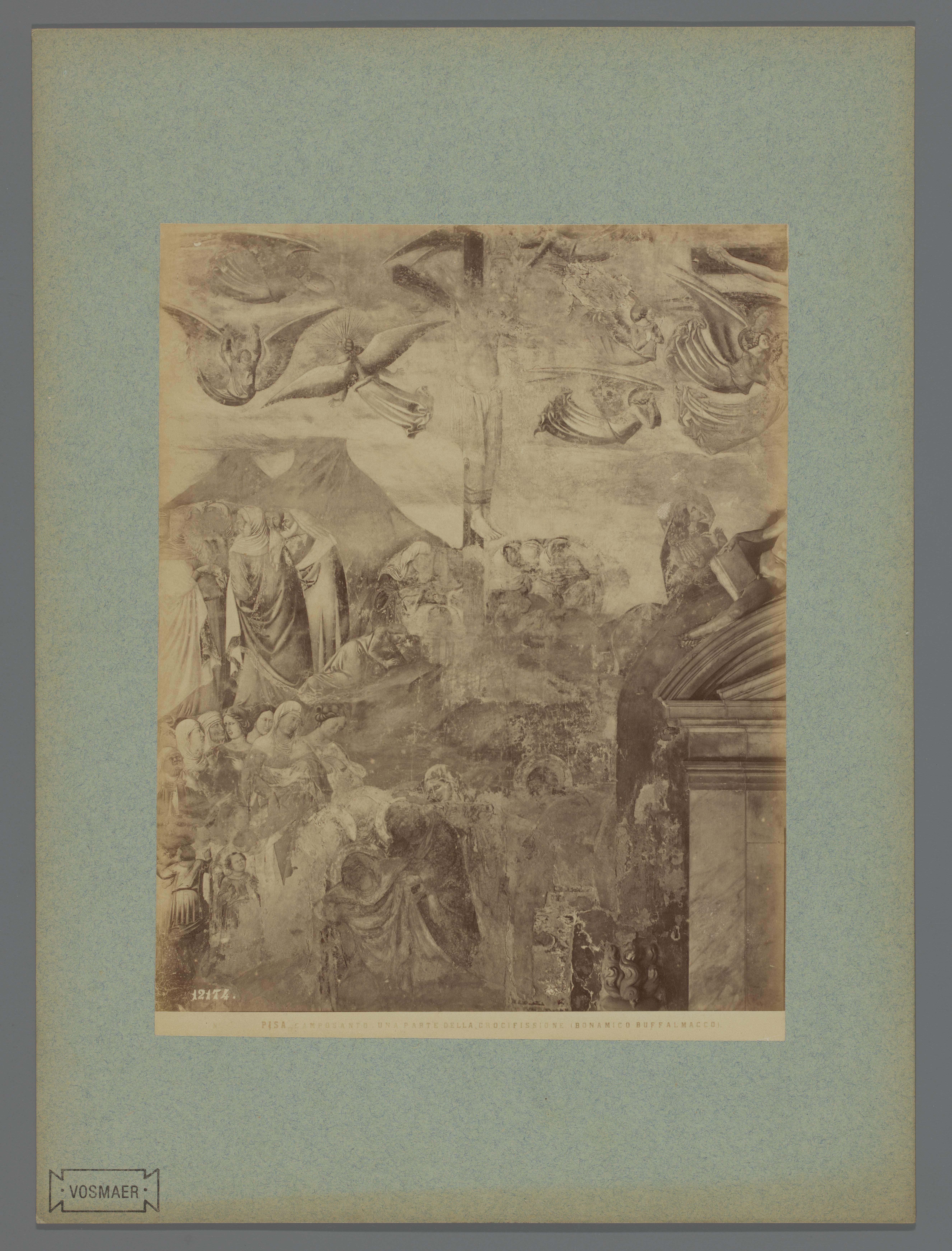 Fotoreproductie van een deel van het fresco Kruisiging door Buffalmacco in het Camposanto te Pisa, Italië