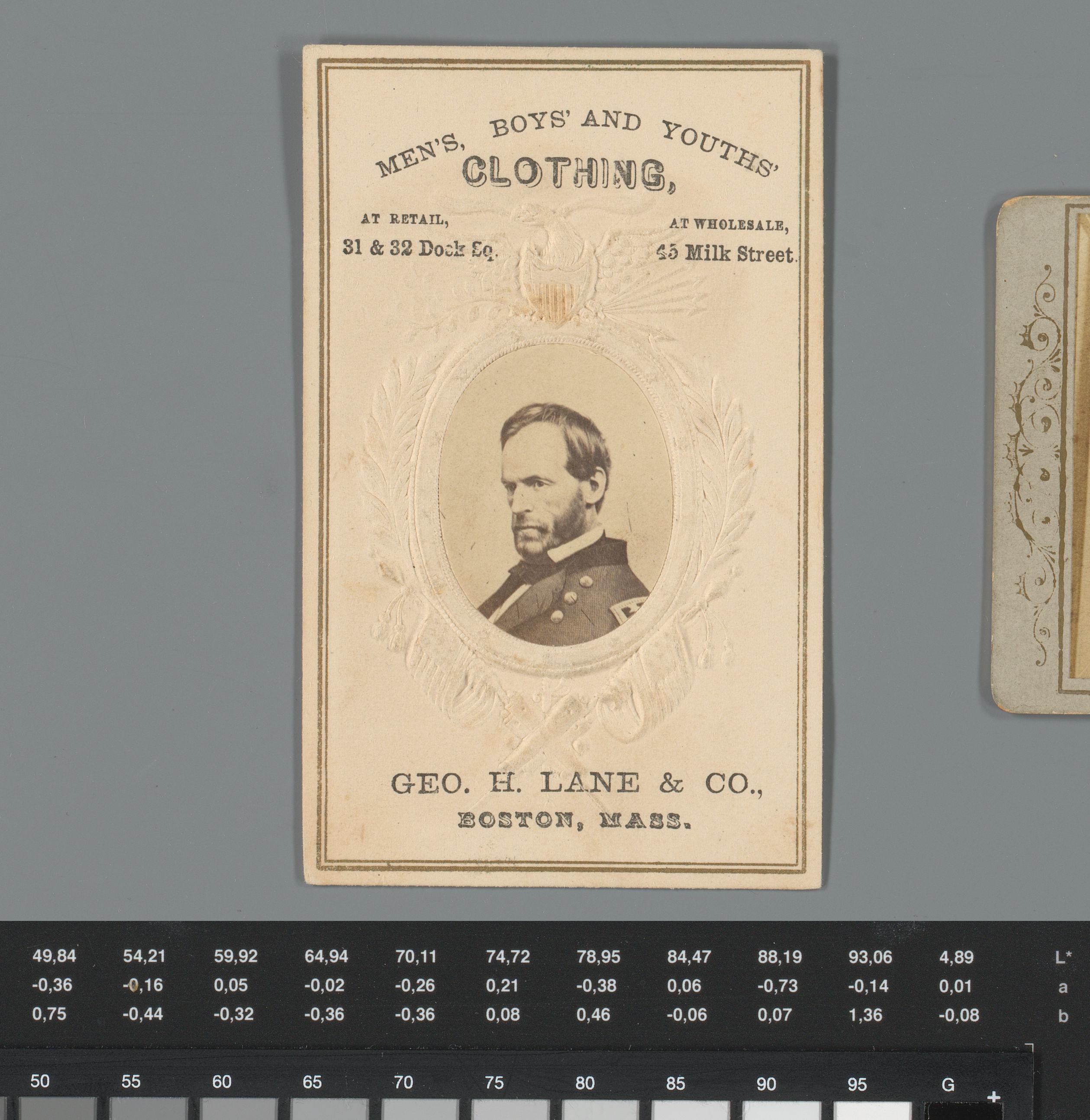 Reclame voor kleding van Geo. H. Lane & Co in Boston, Massachusetts, met portret van William T. Sherman