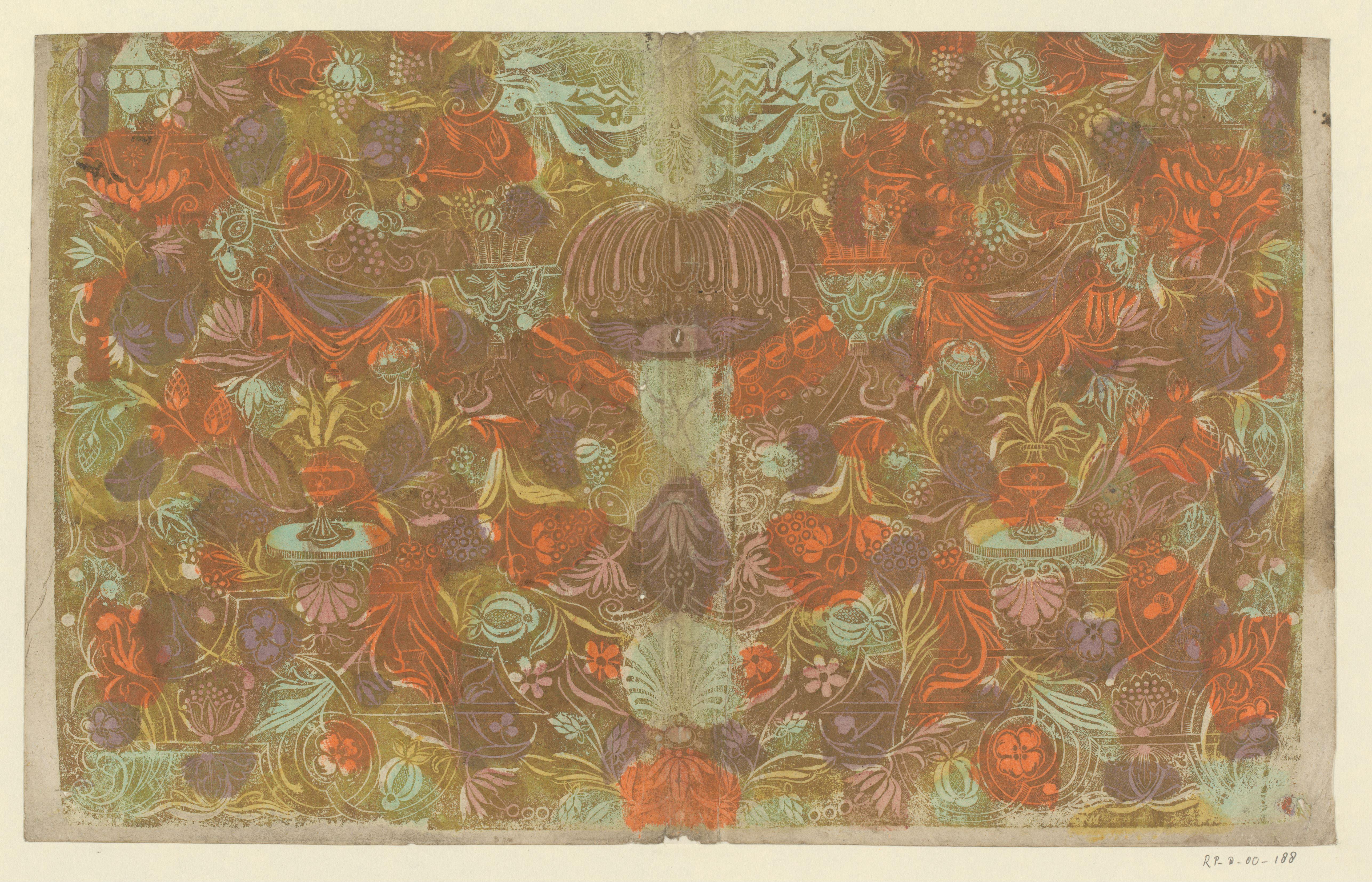 Blad met Lodewijk XIV-ornamenten van bloemen en vruchten