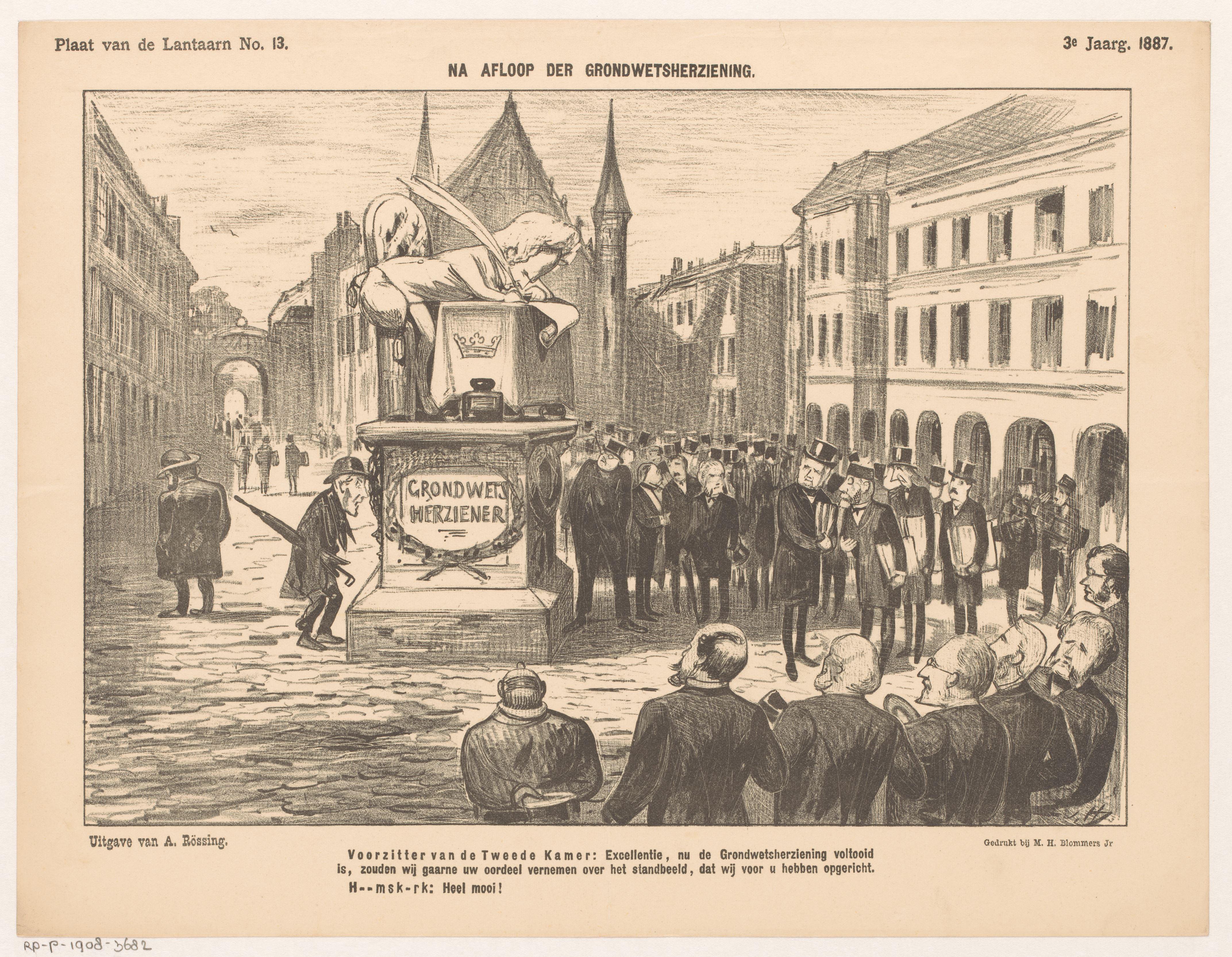 Spotprent met de onthulling van een monument op het binnenhof