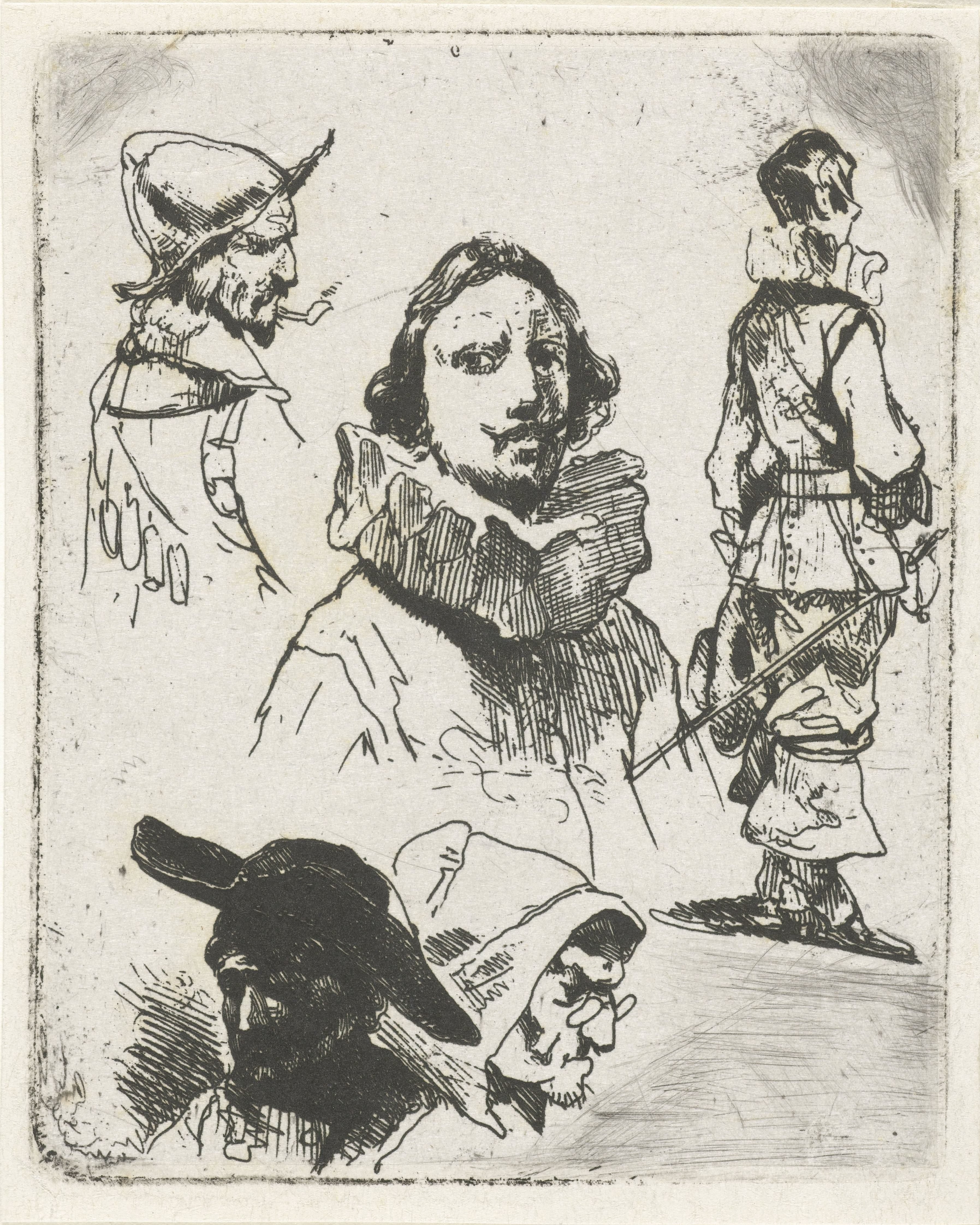 Studieblad met soldaten en een oude vrouw