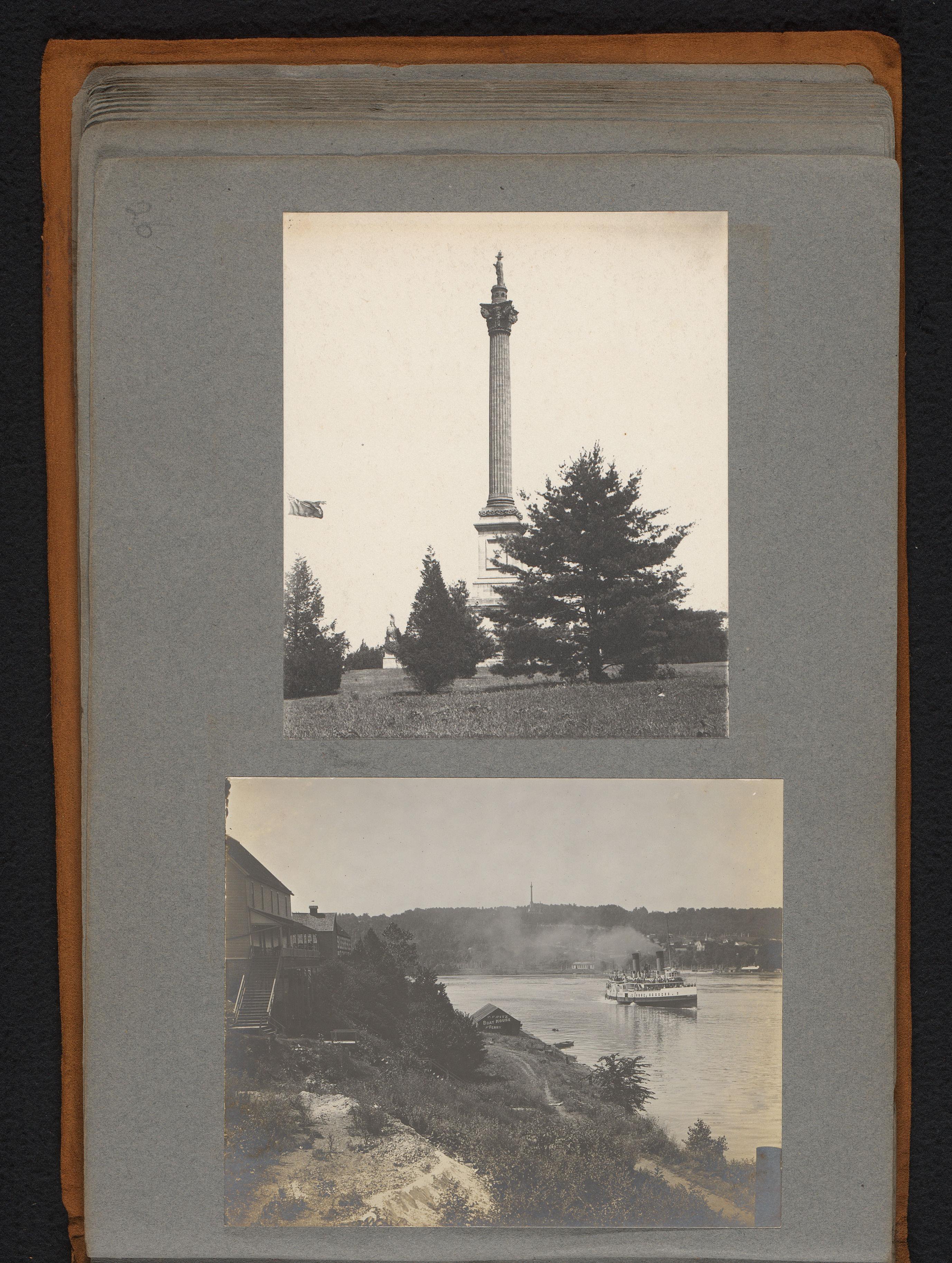 Gezicht op Brock's monument en een varende stoomboot bij de Niagarawatervallen