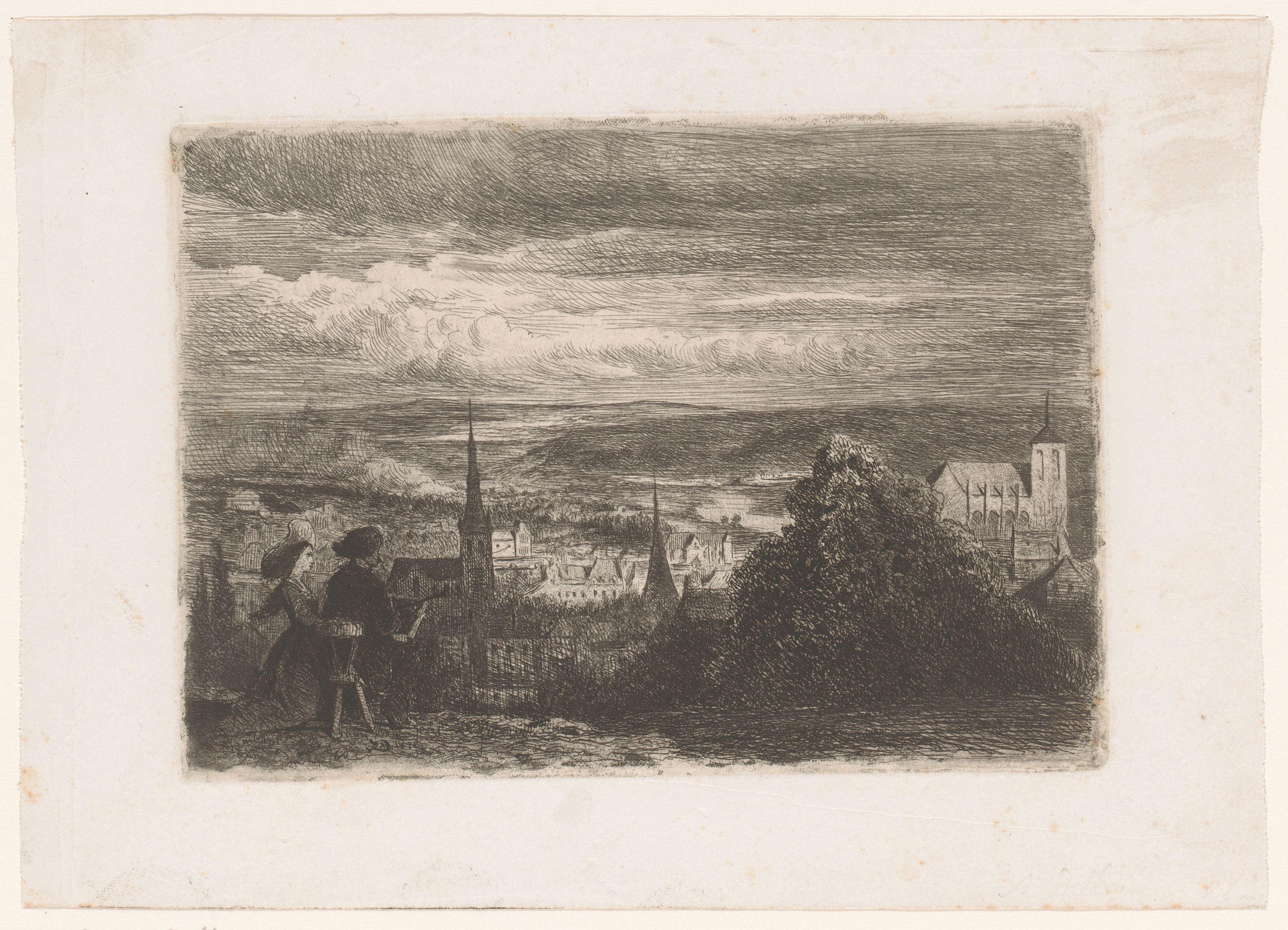 Landschap met vrouw en kunstenaar die de lager gelegen stad tekent
