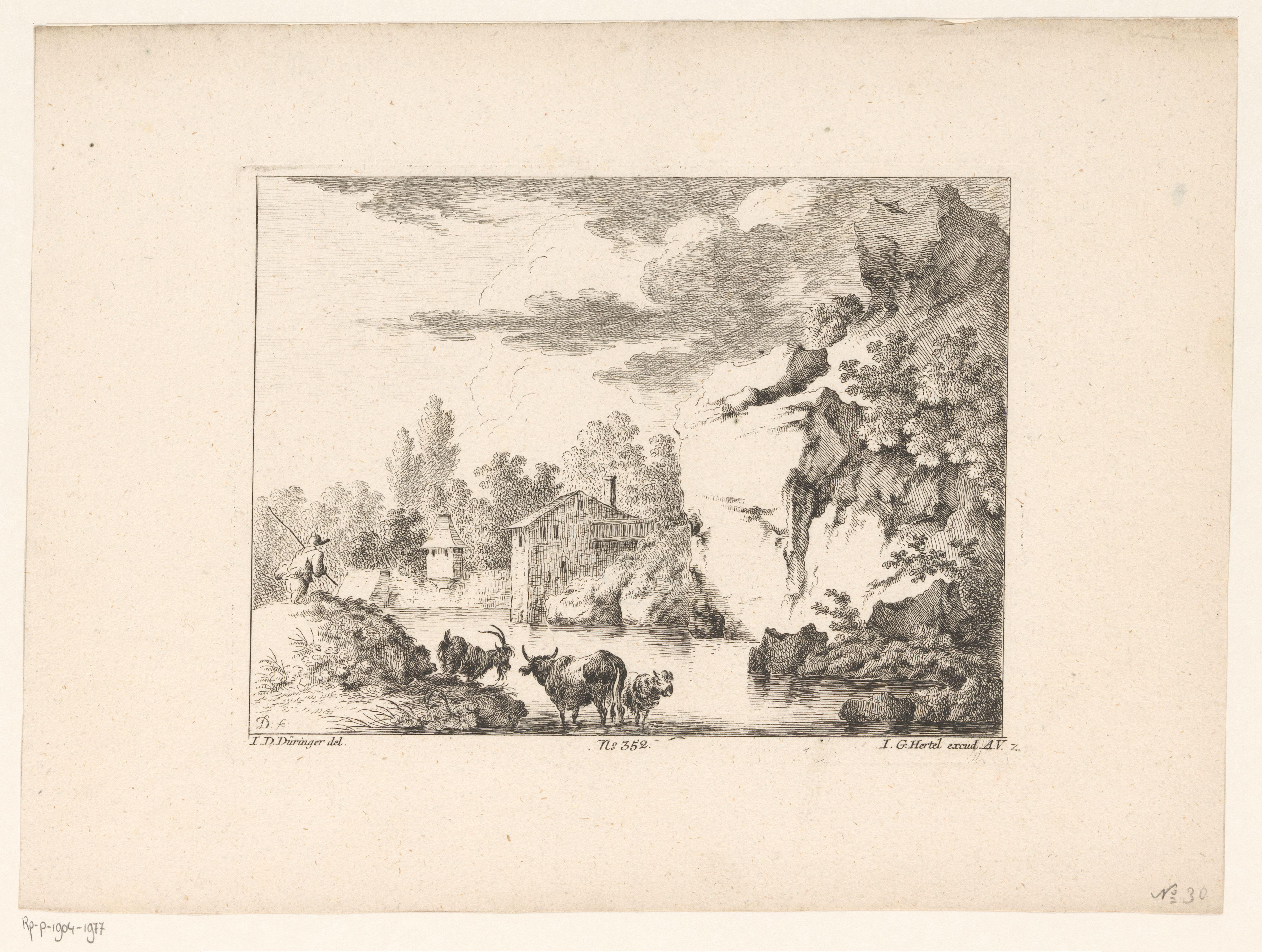 Rivierlandschap met rotswand en herder