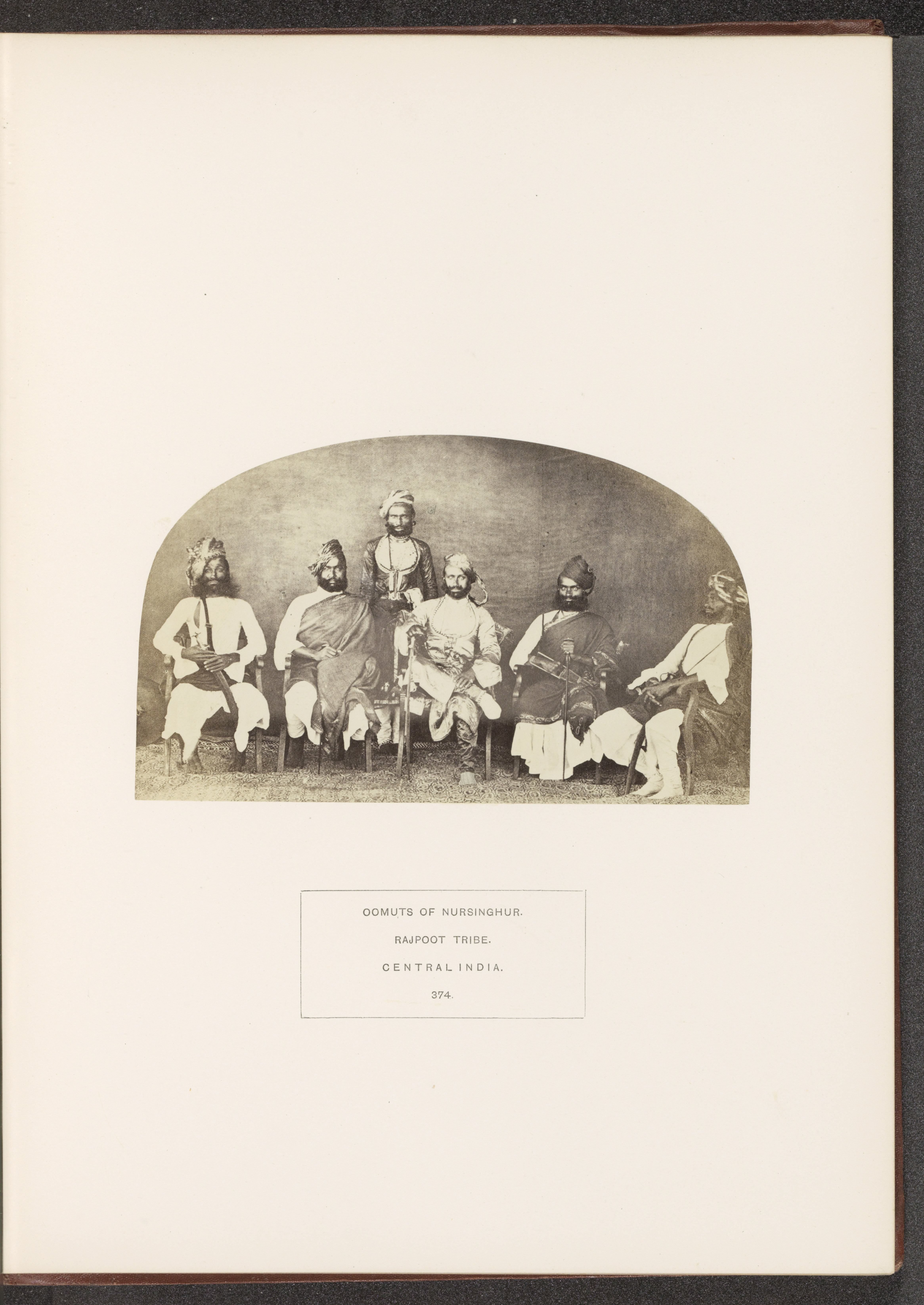 Portrait of Koonwur Mytab Singh and five other men with turbans from Narsinghpur, Madhya Pradesh, India