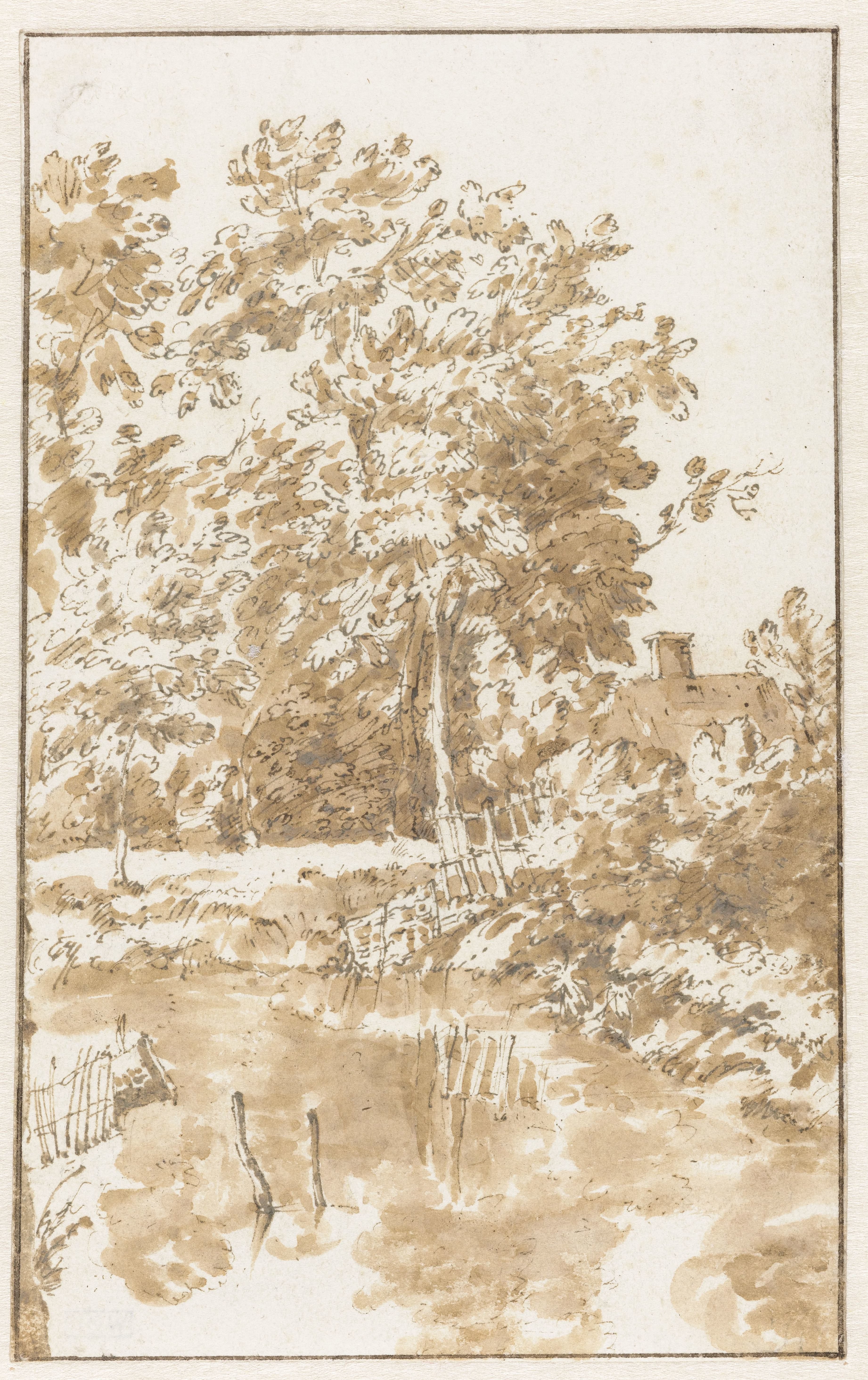 Oever van een water, met bomen en een huis