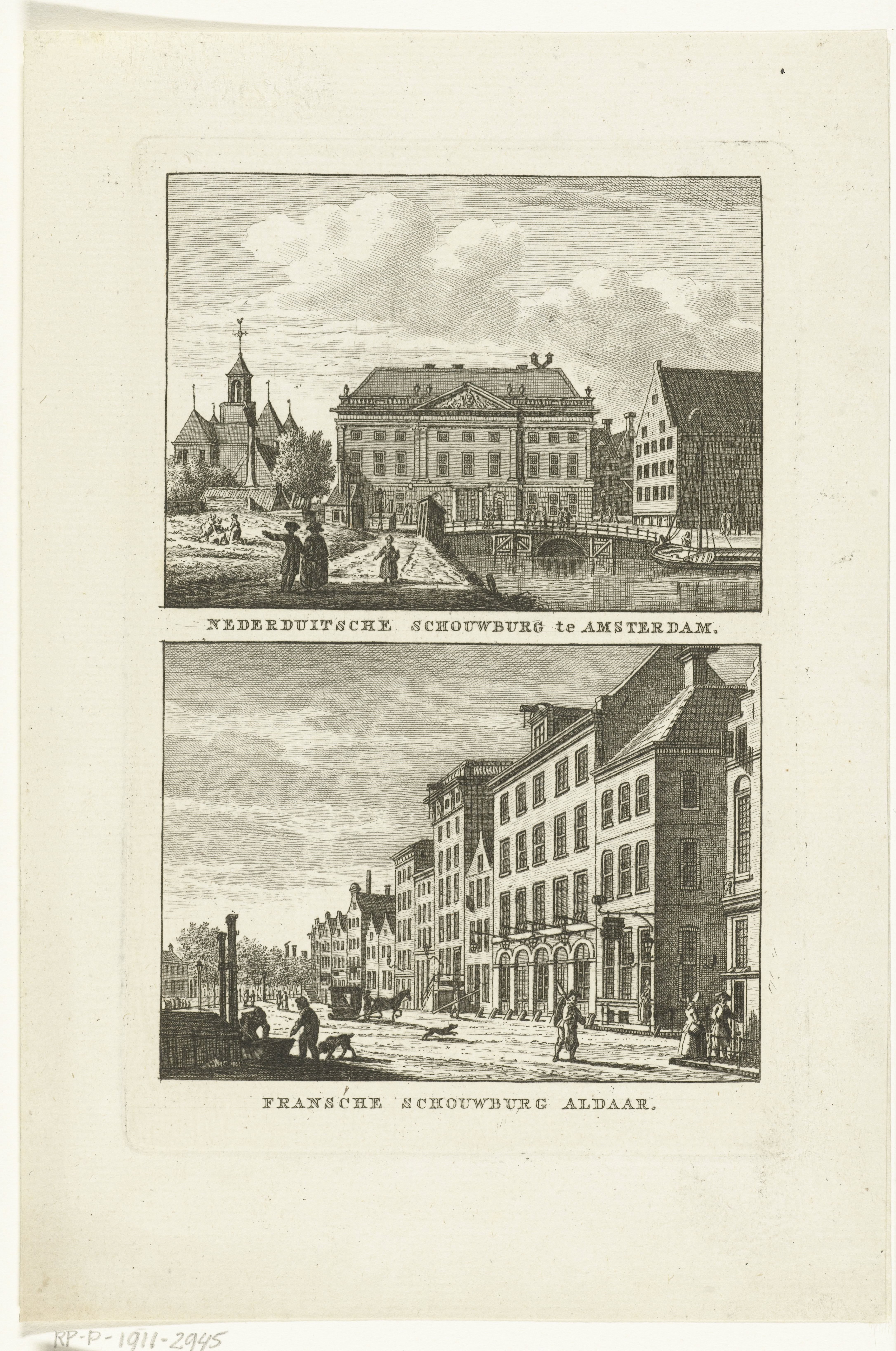 Gezicht op de schouwburg aan het Leidseplein en de Franse Schouwburg te Amsterdam