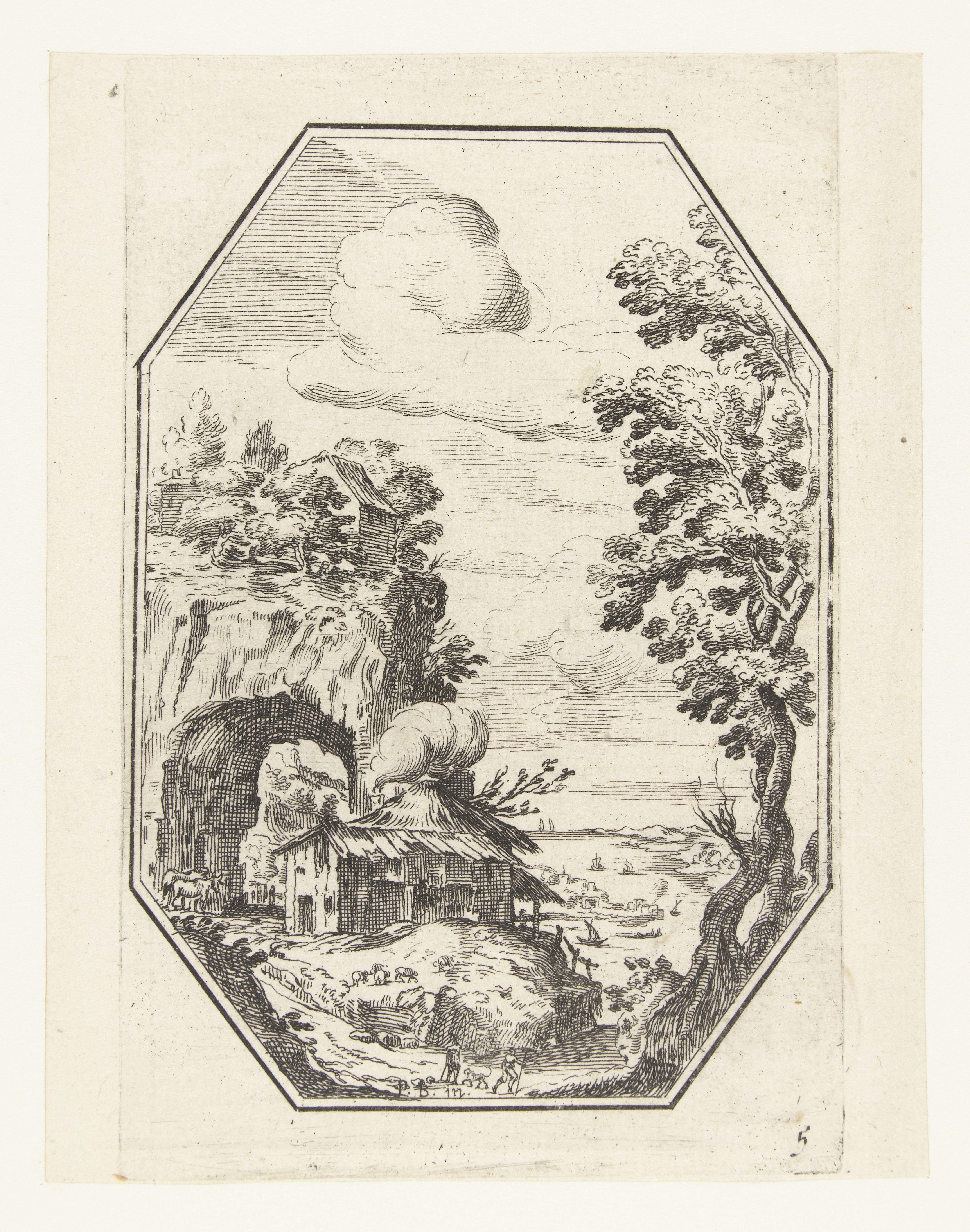 Landschap met boerderij in octagonaal kader