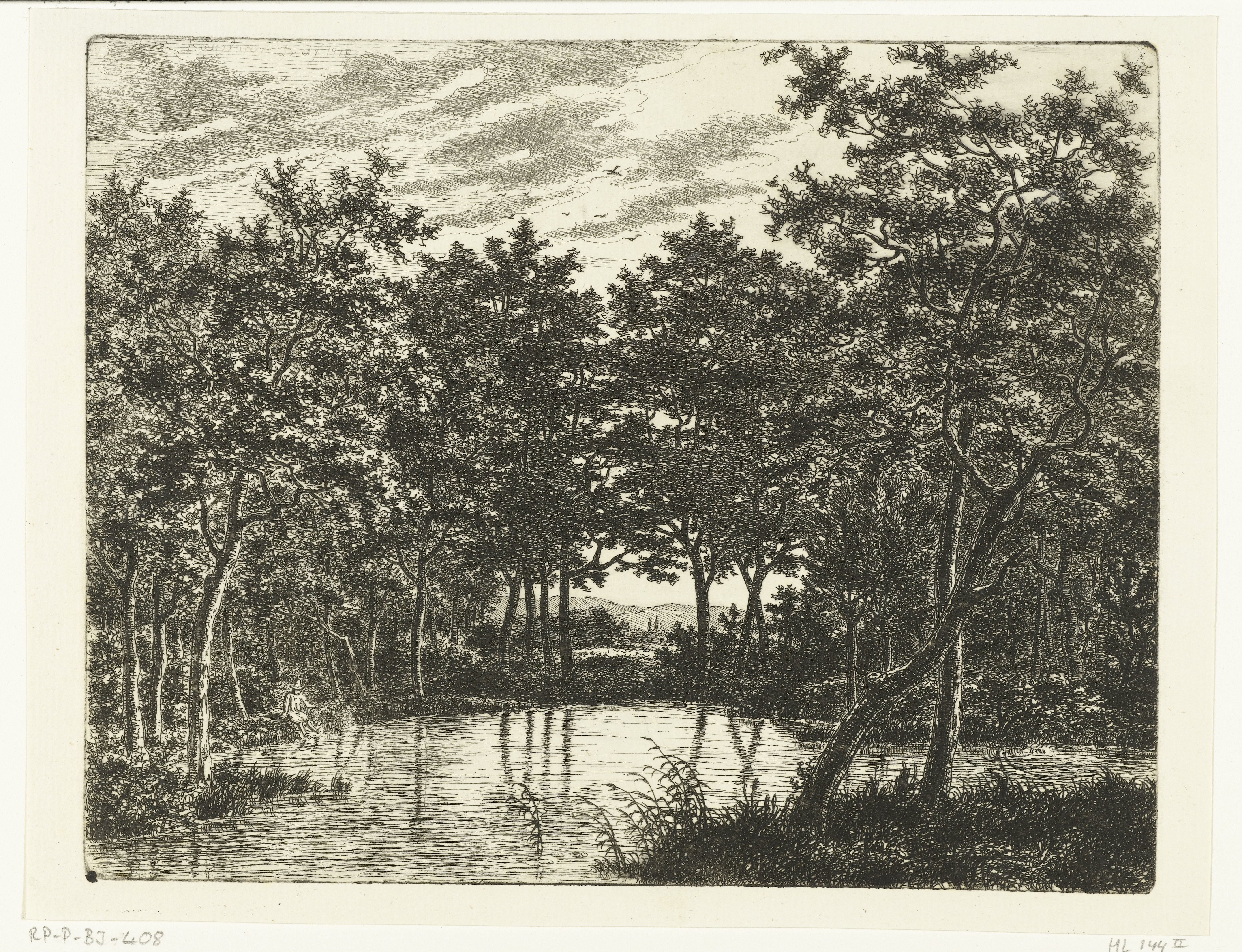 Landschap met vijver, links zit een visser met puntige hoed