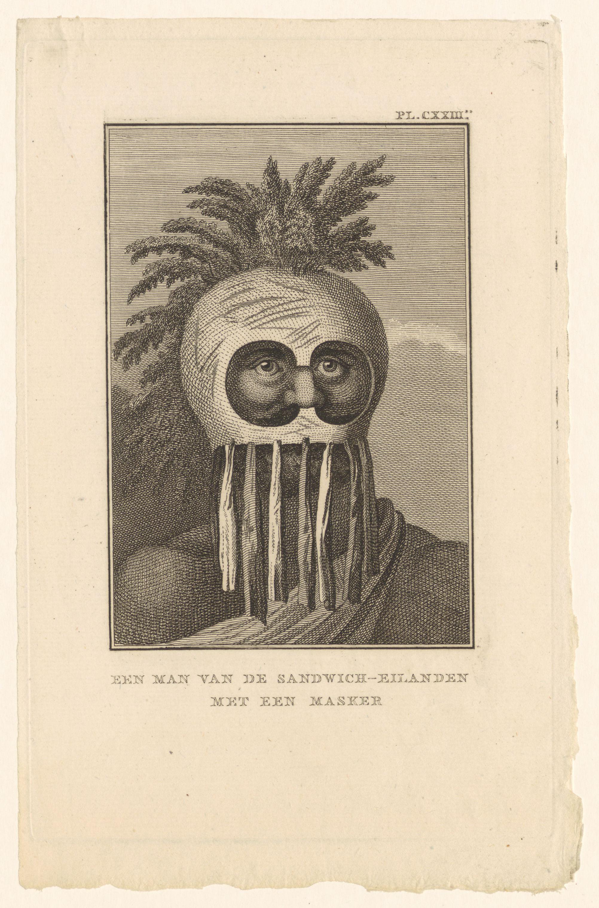 Portret van een onbekende man afkomstig van de Sandwicheilanden met een masker
