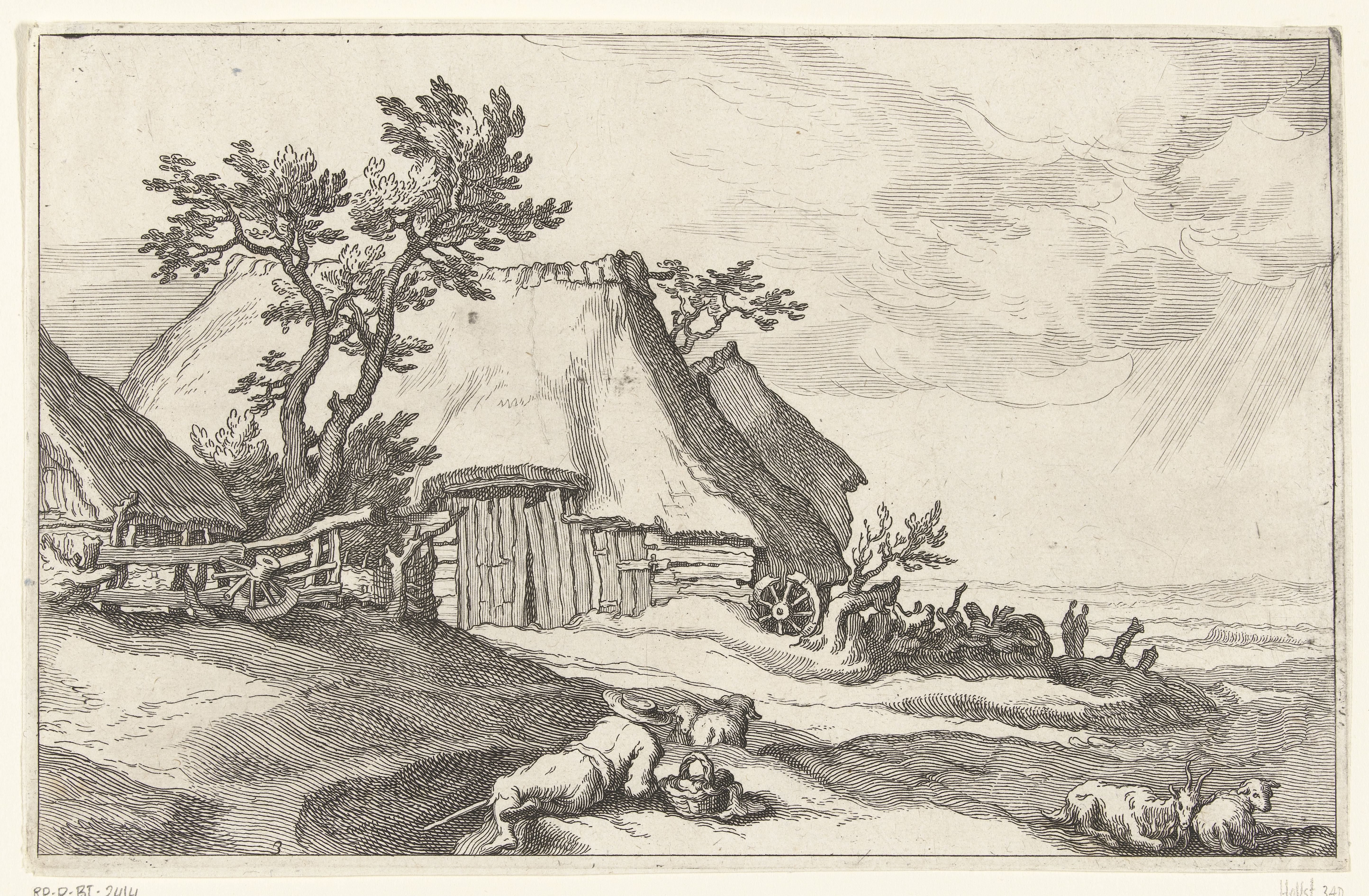 Boerderij en herder met schapen en geit