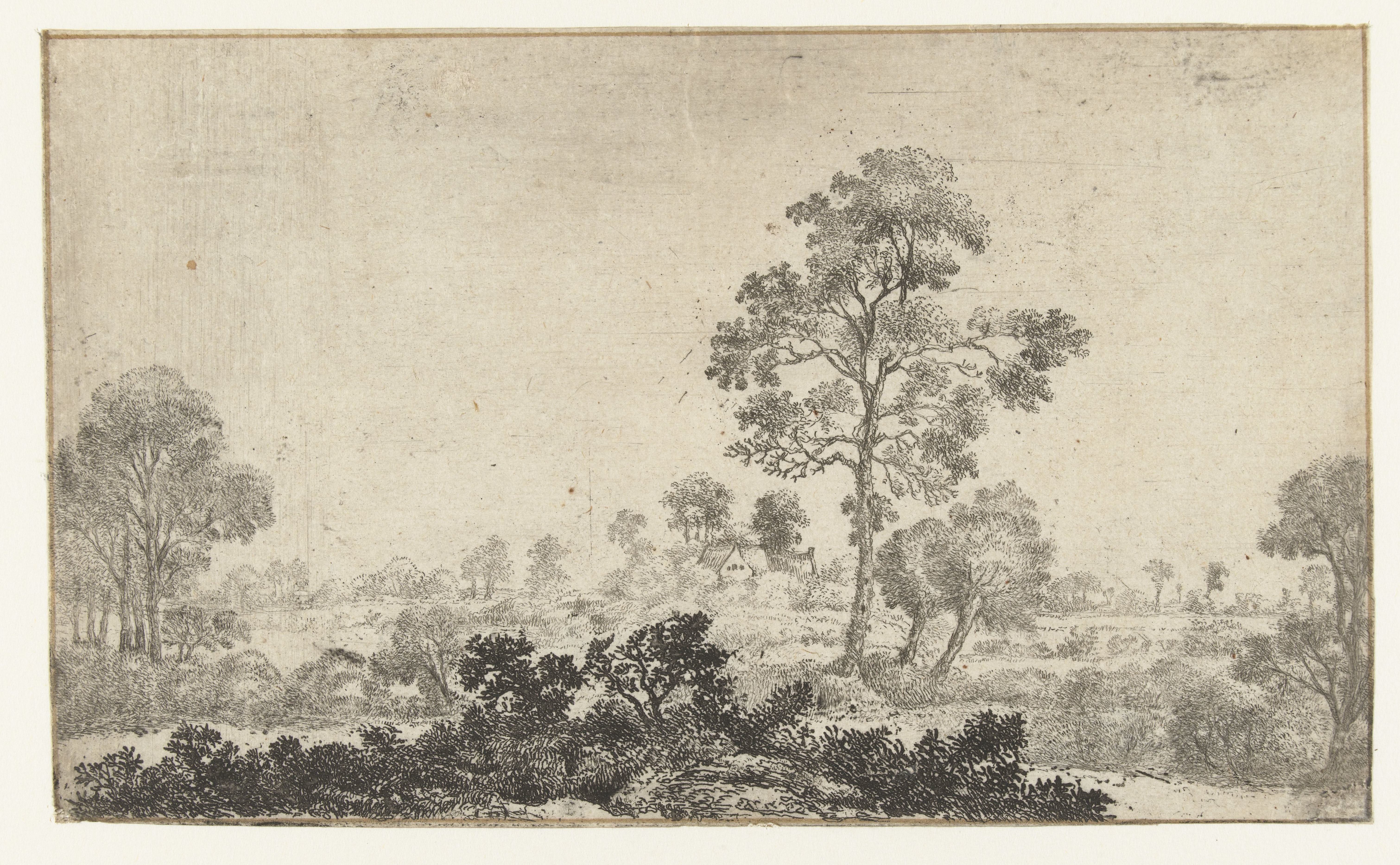 Landschap met twee wilgen bij grote boom