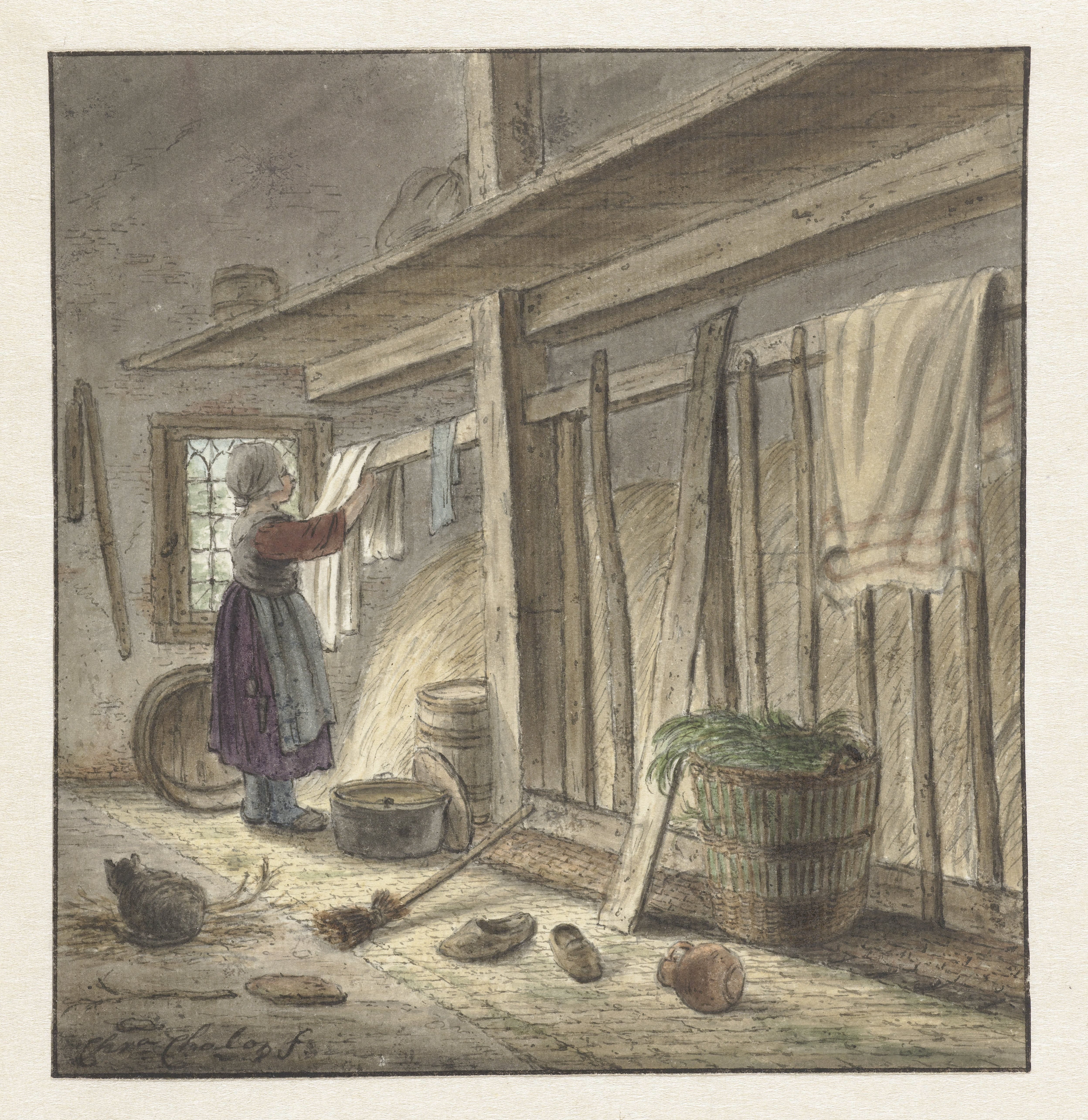 Hoekje van een stal met een meisje dat een doek ophangt