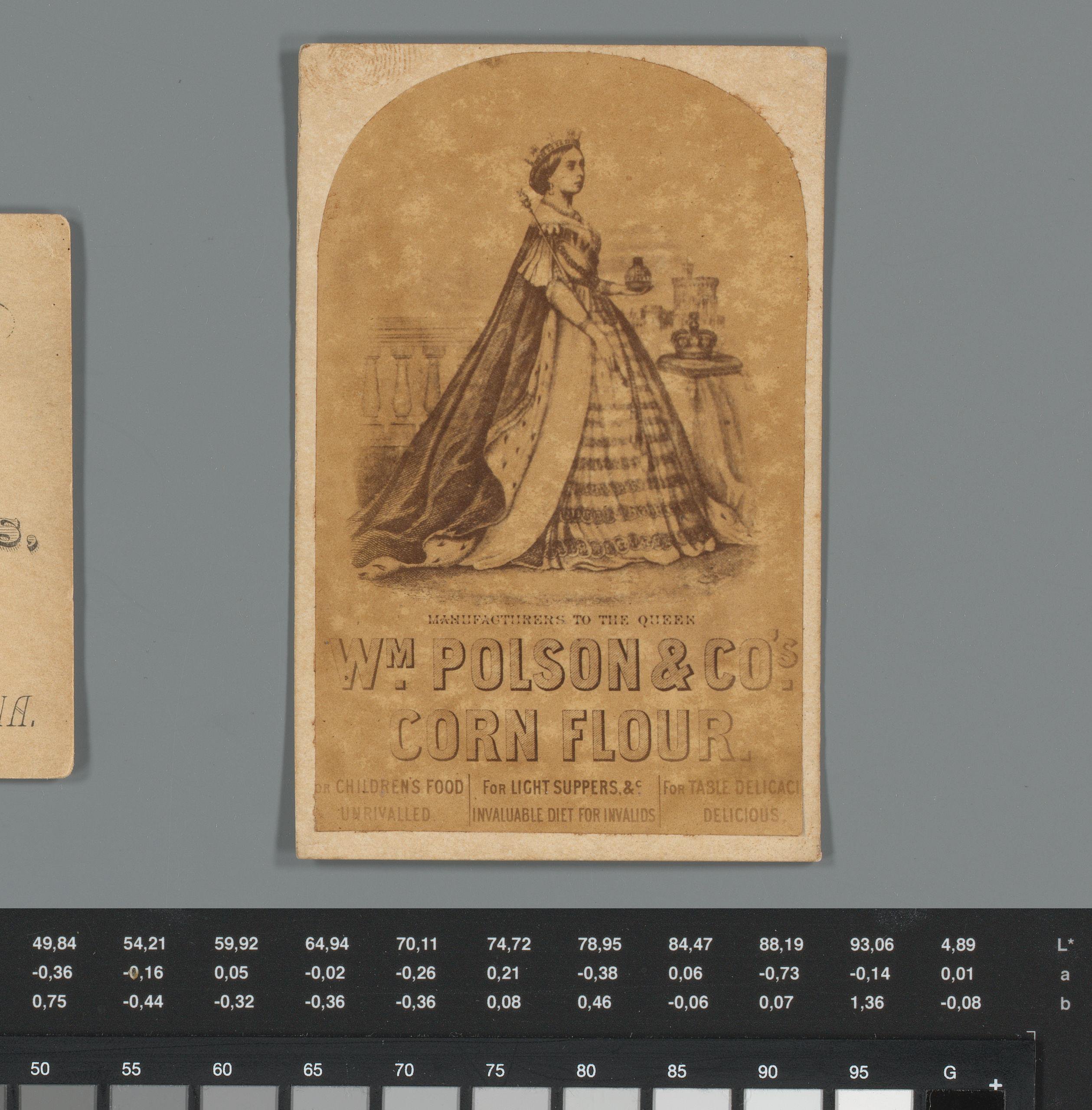 Reclame voor maïsmeel van Wm. Polson & Co. met fotoreproductie van een prent van Victoria van het Verenigd Koninkrijk