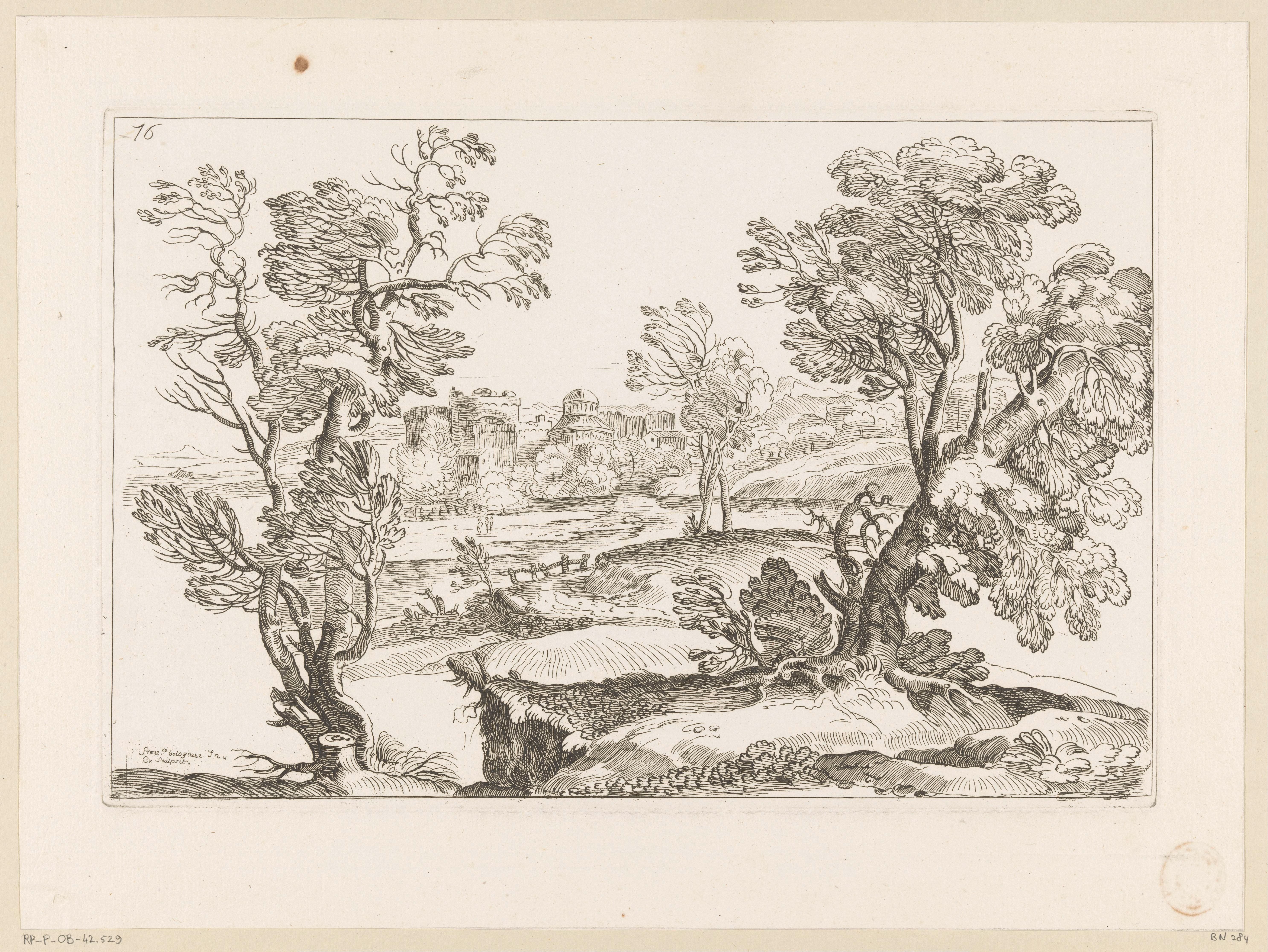 Landschap met rivier en bomen, met op achtergrond een vestingstad