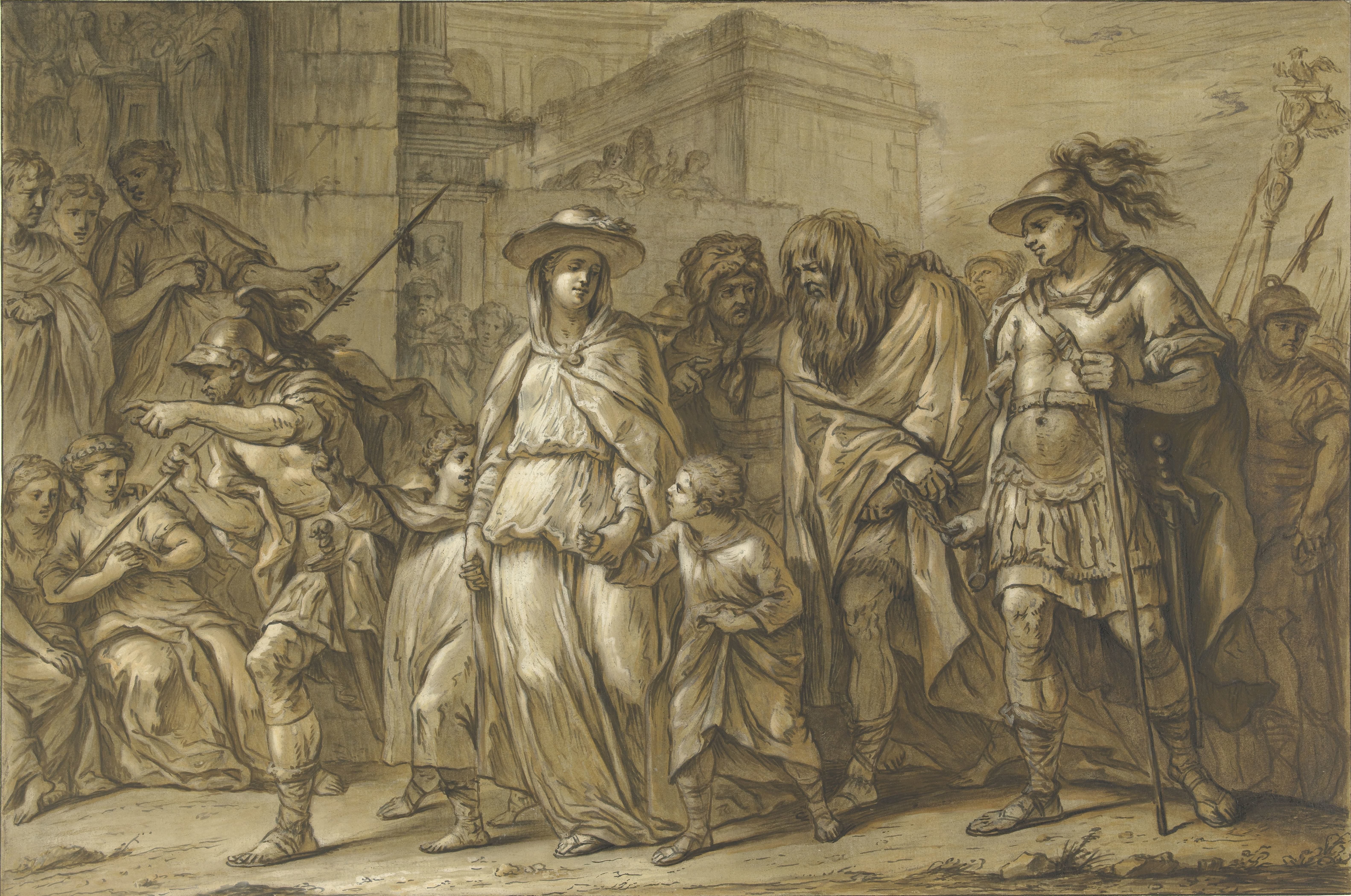 Julius Sabinus en Epponina met hun twee kinderen als gevangenen door Rome gevoerd