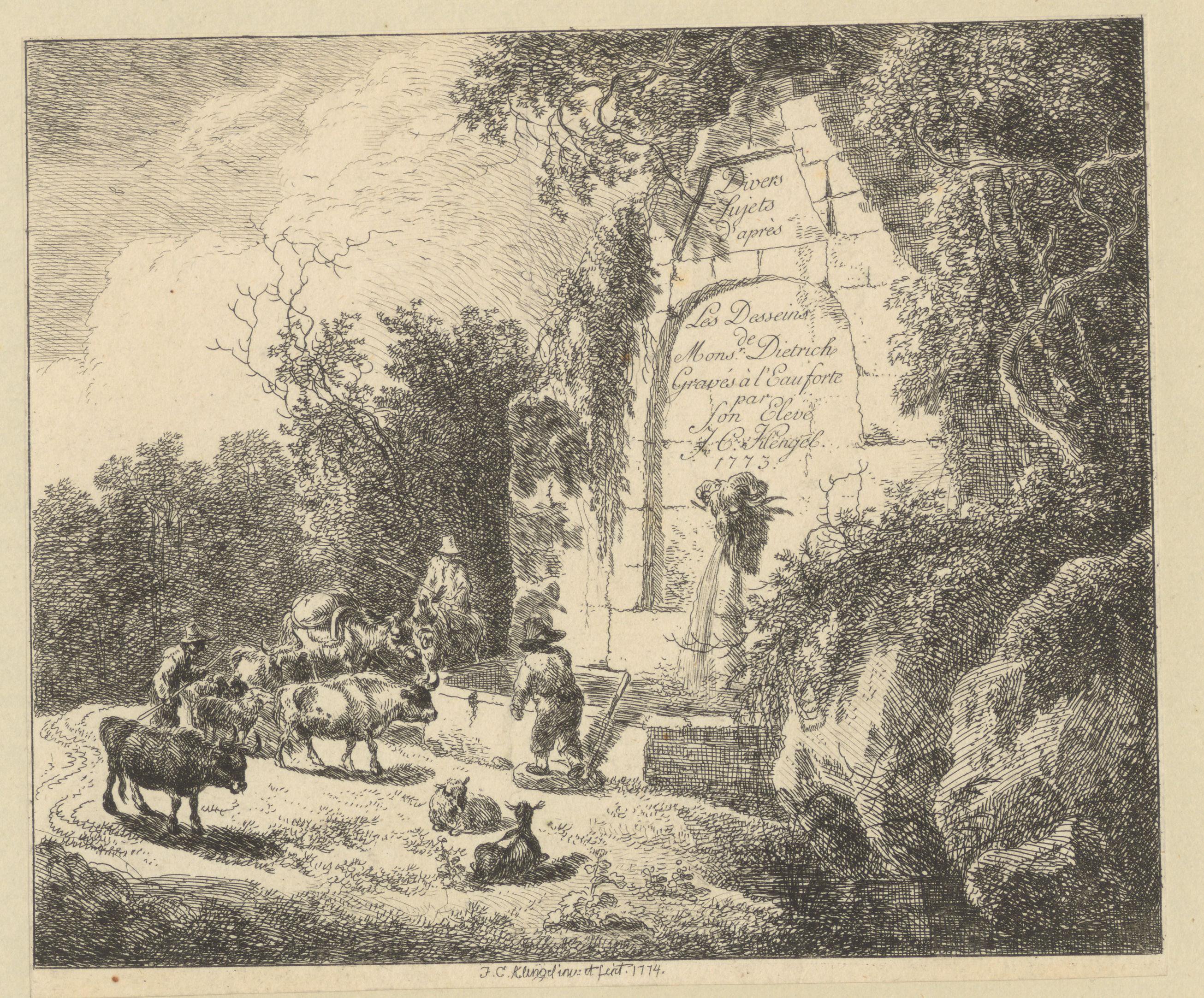 Landschap met herders en vee bij een waterbron