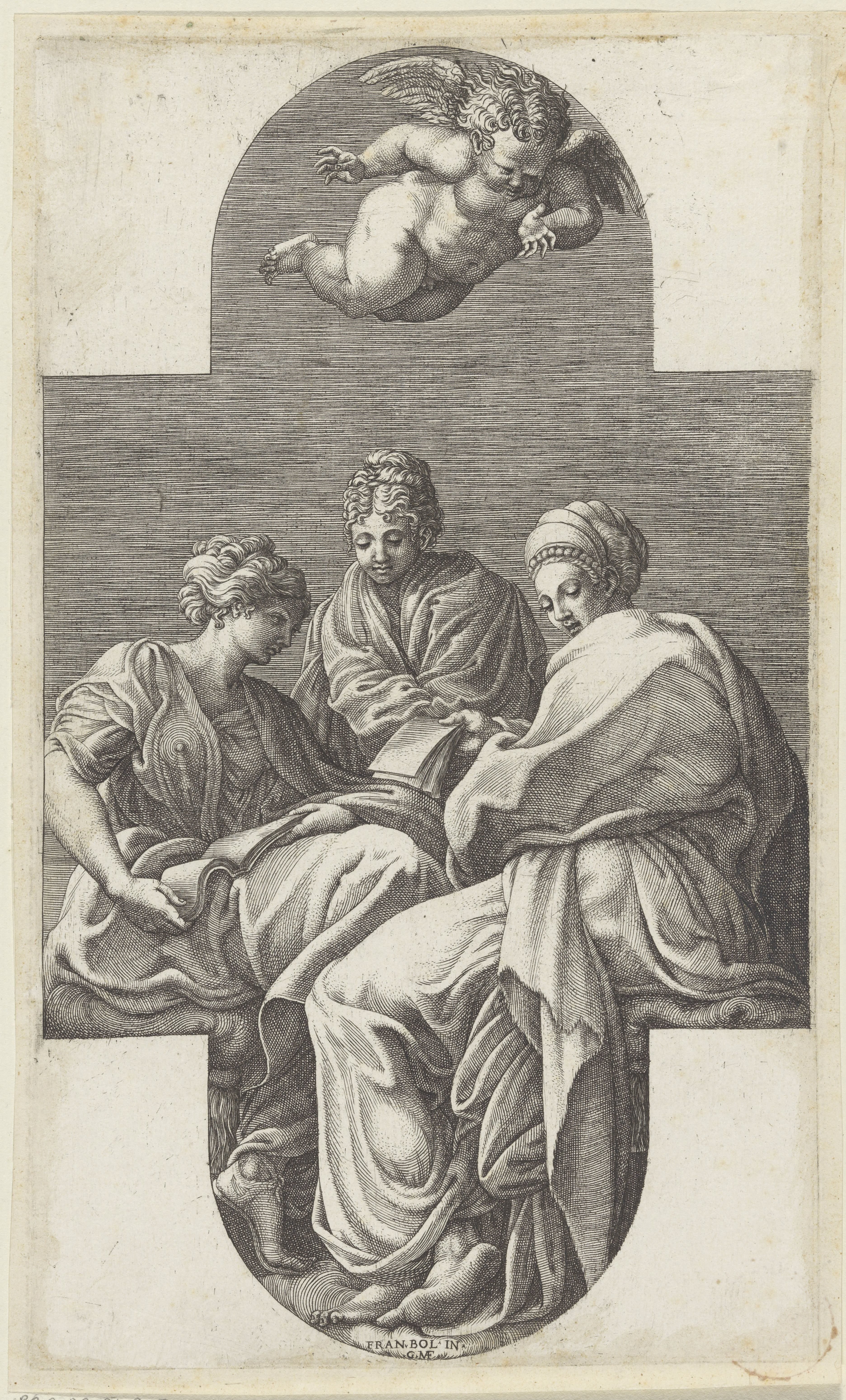 Drie Muzen en een gebarende putto