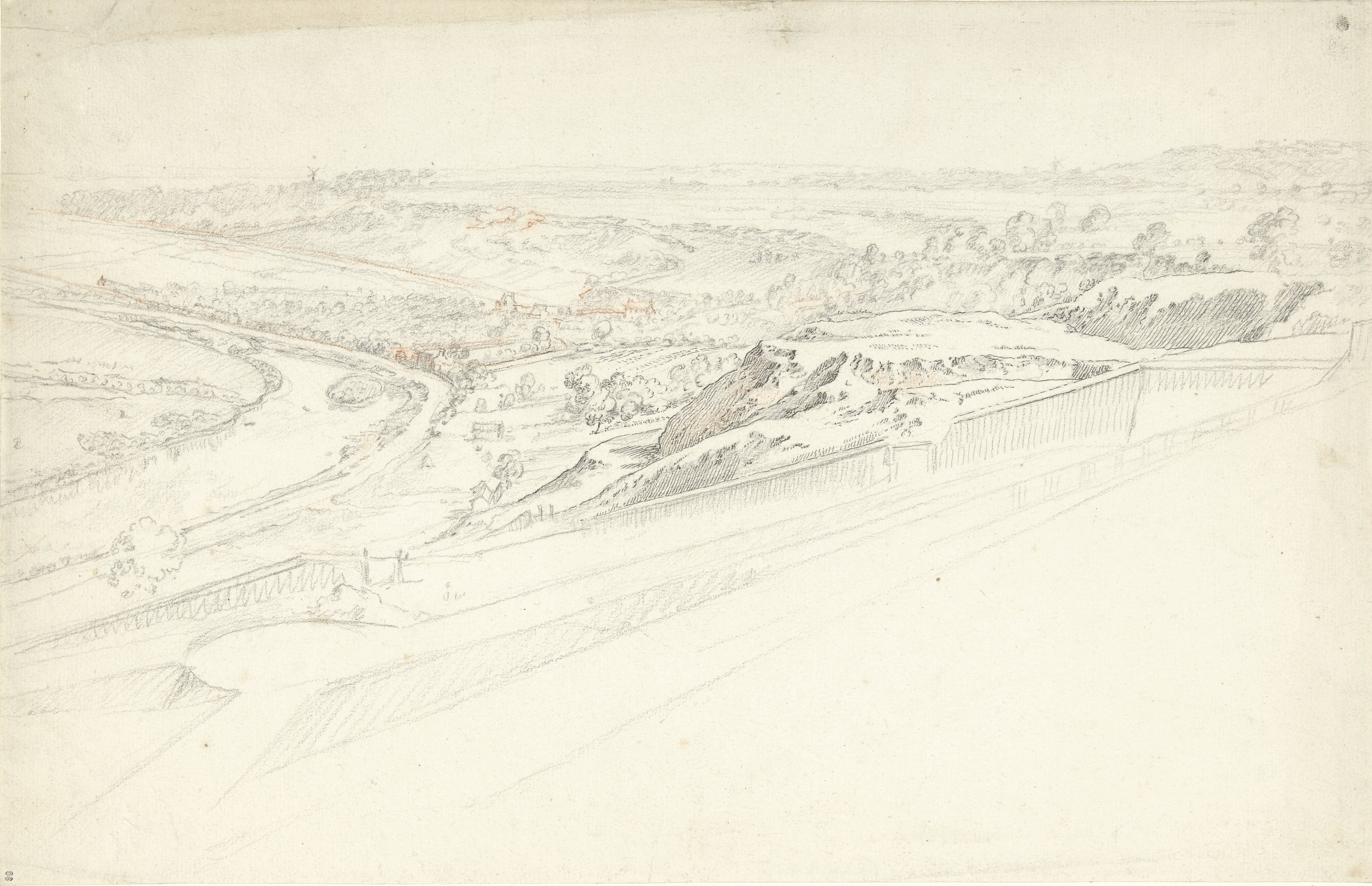 Gezicht van een hooggelegen terras over een landschap met bochtige rivier