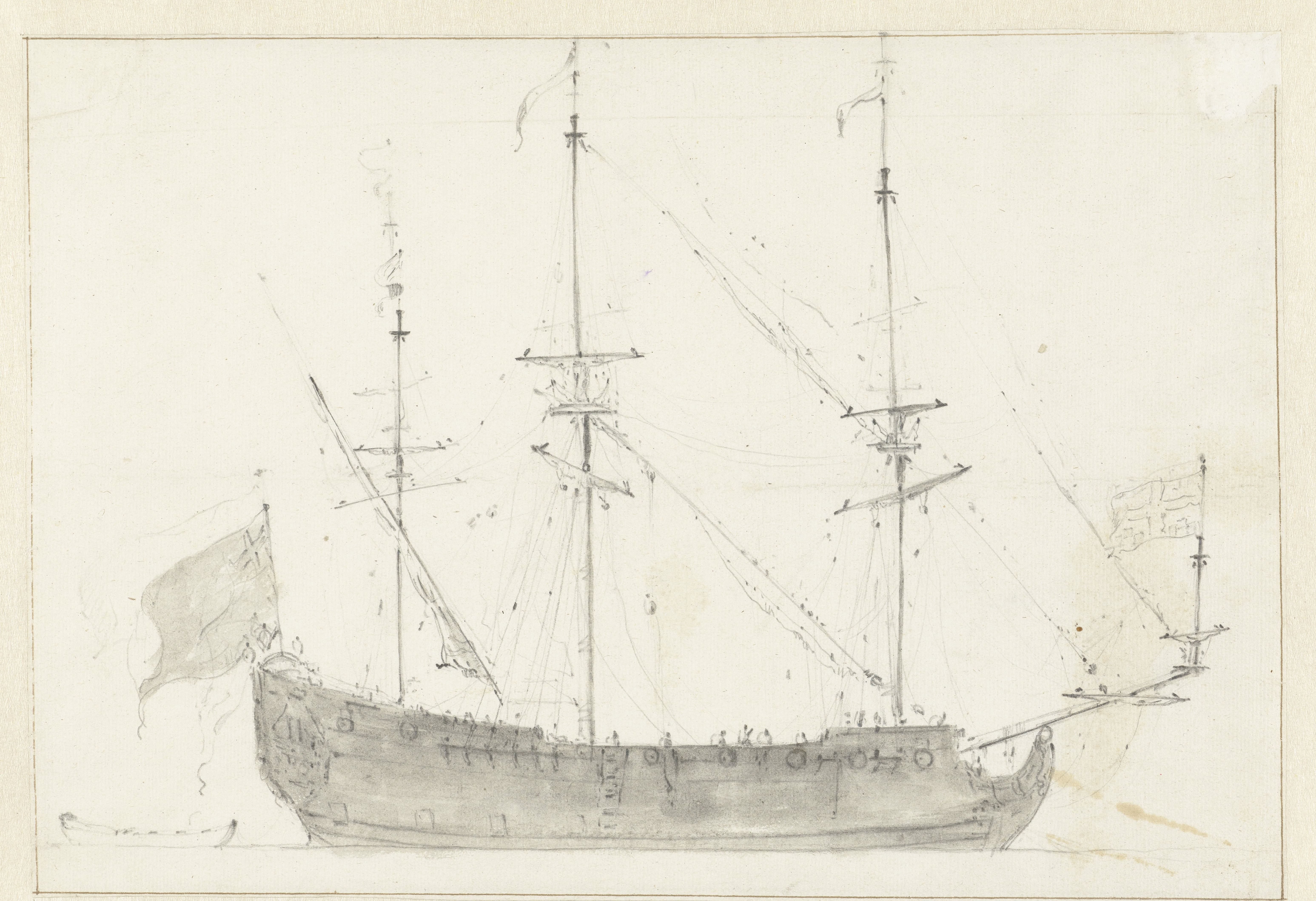 Groot zeilschip van opzij gezien