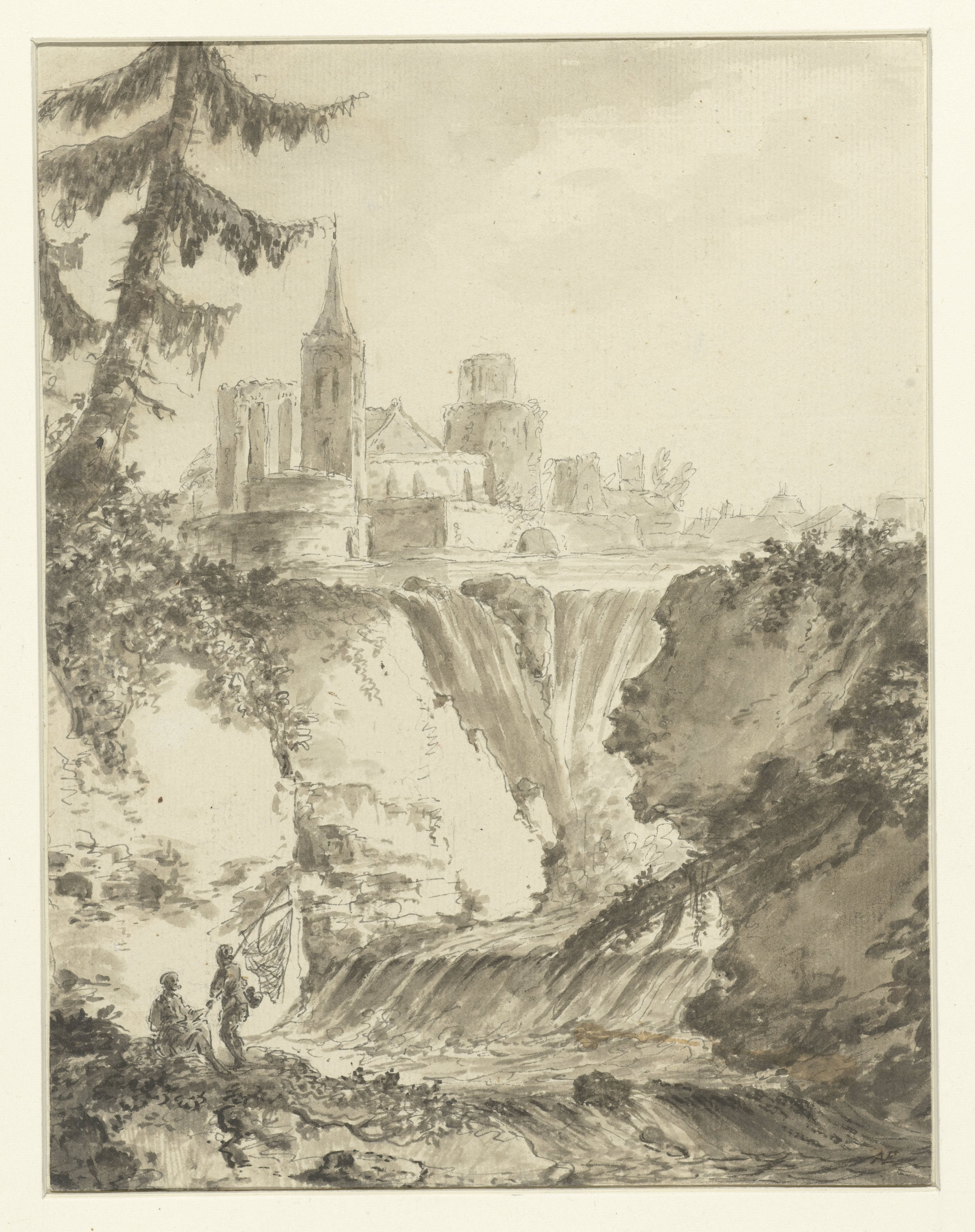 Ruïneus kerkgebouw bij een waterval