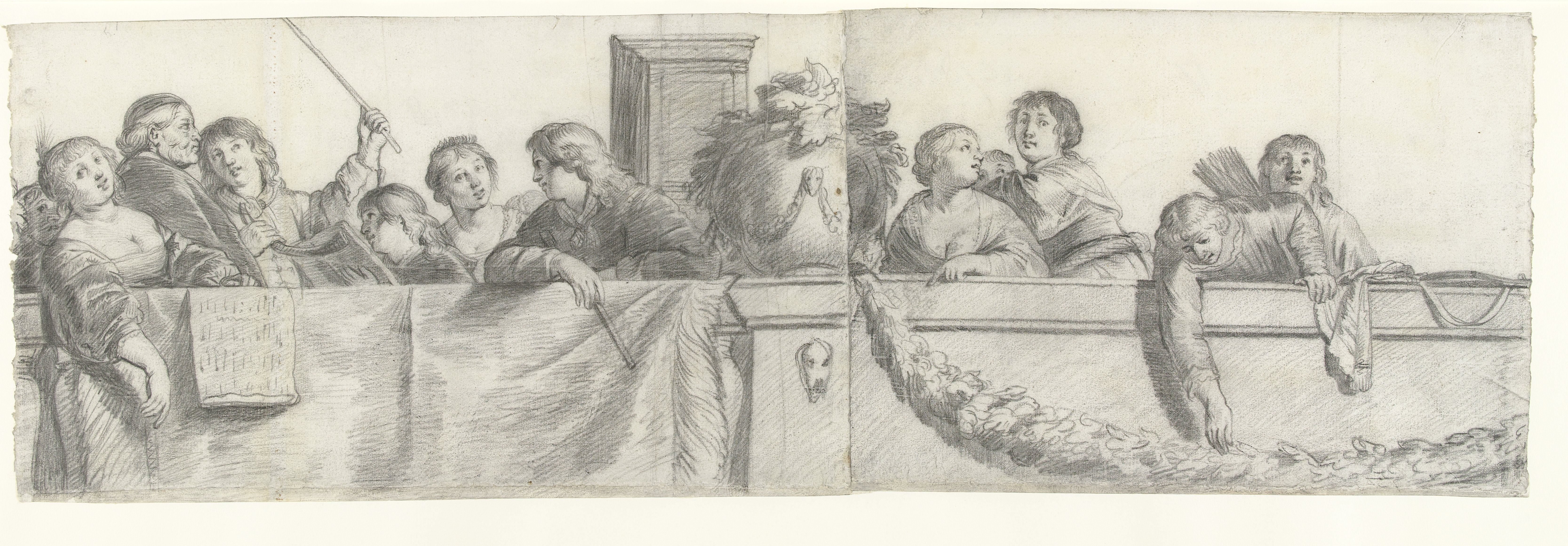Personen op een balustrade met festoenen