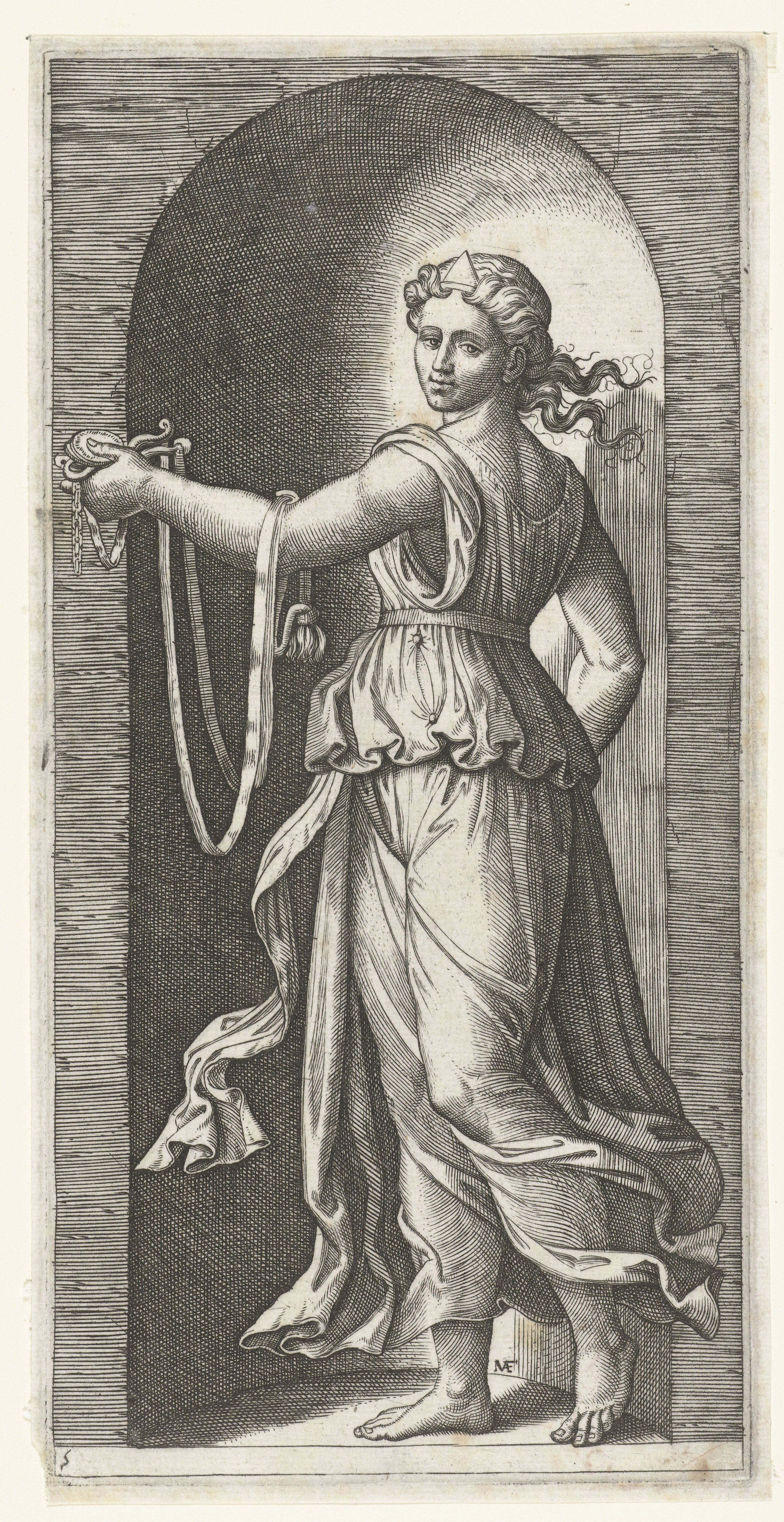 Vrouw als personificatie van Matigheid (Temperantia) met breidel staand in nis