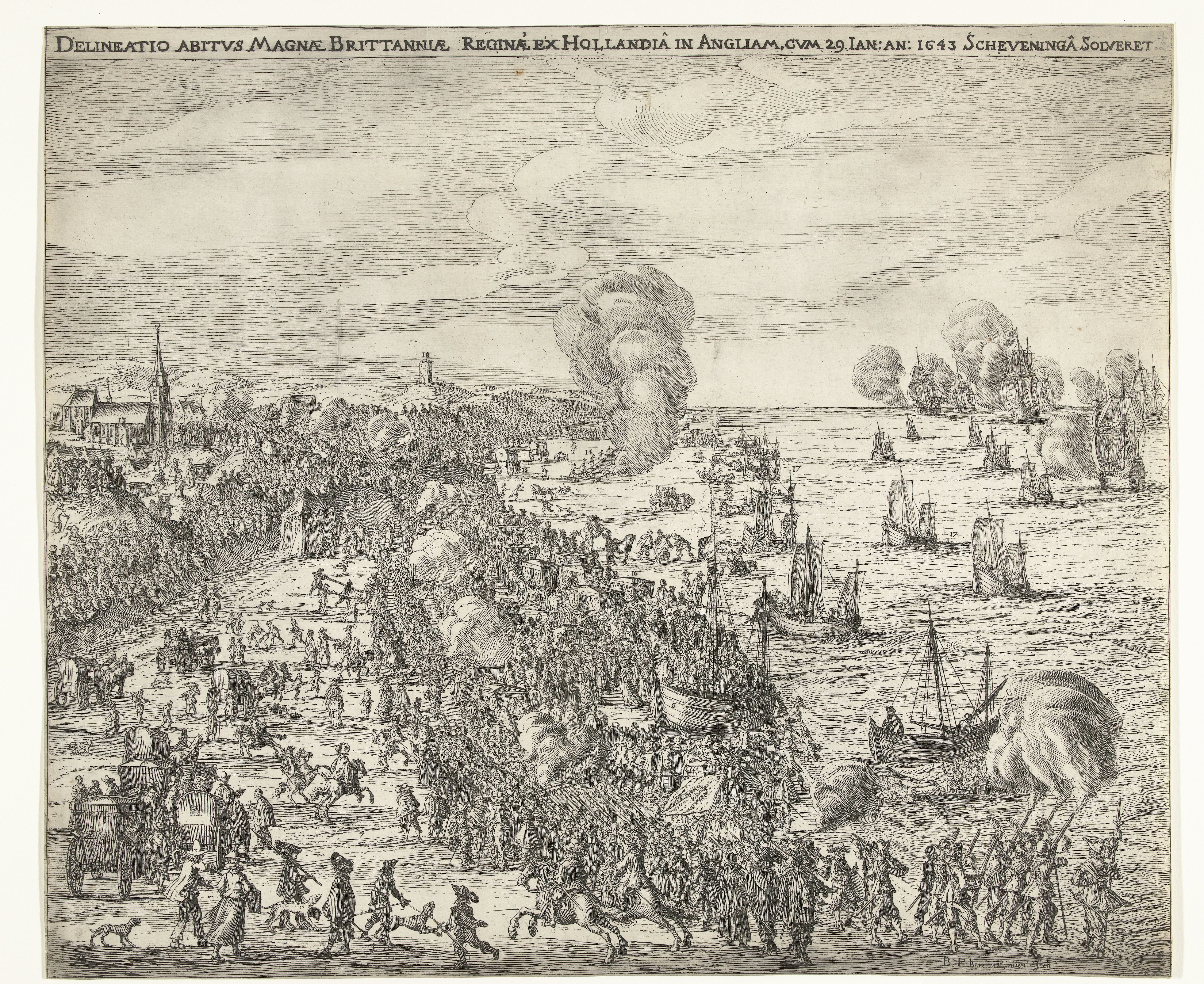 Vertrek van koningin Henrietta Maria vanuit Scheveningen naar Engeland, 1643