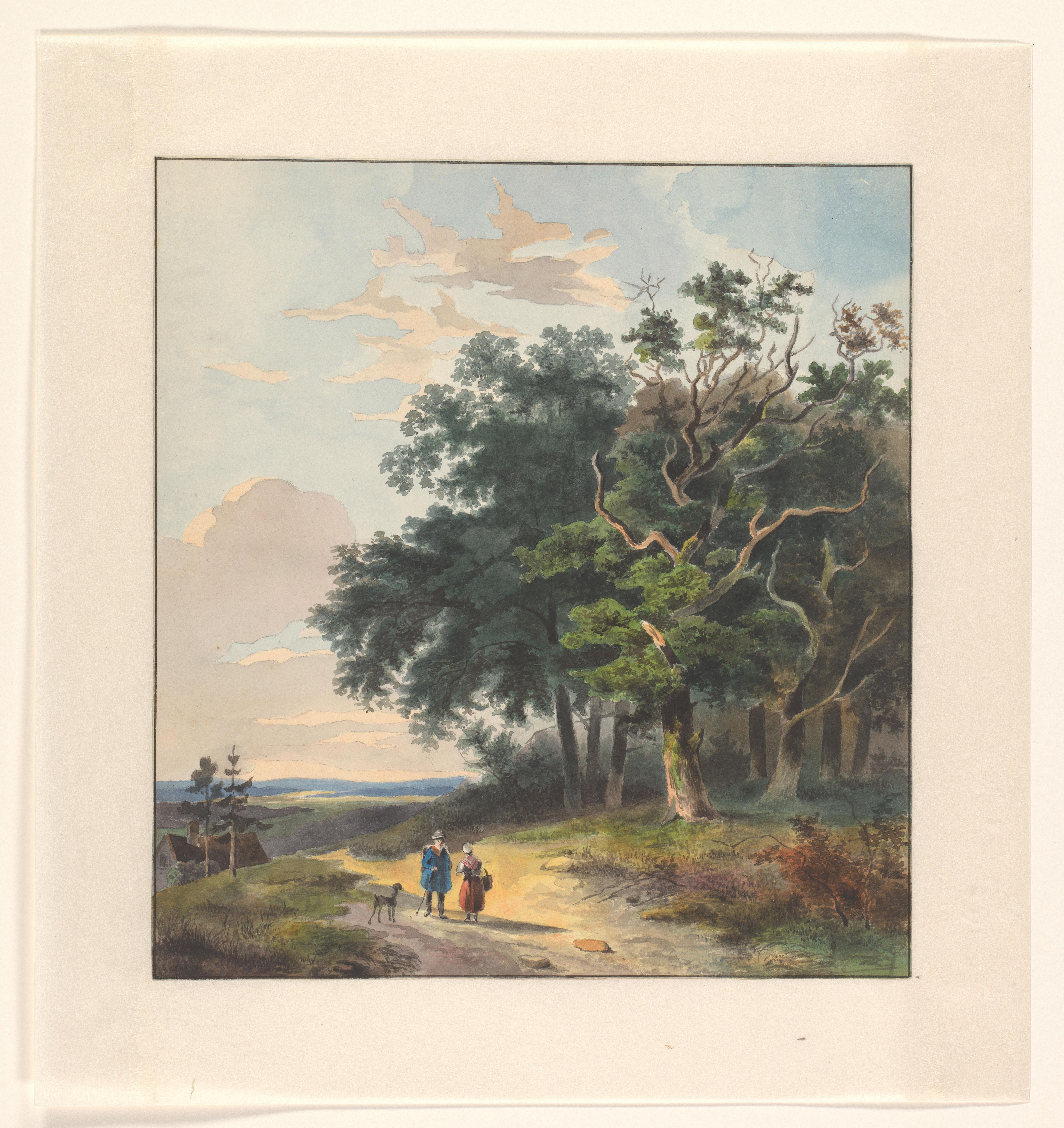 Twee figuren op een landweg langs een bosrand