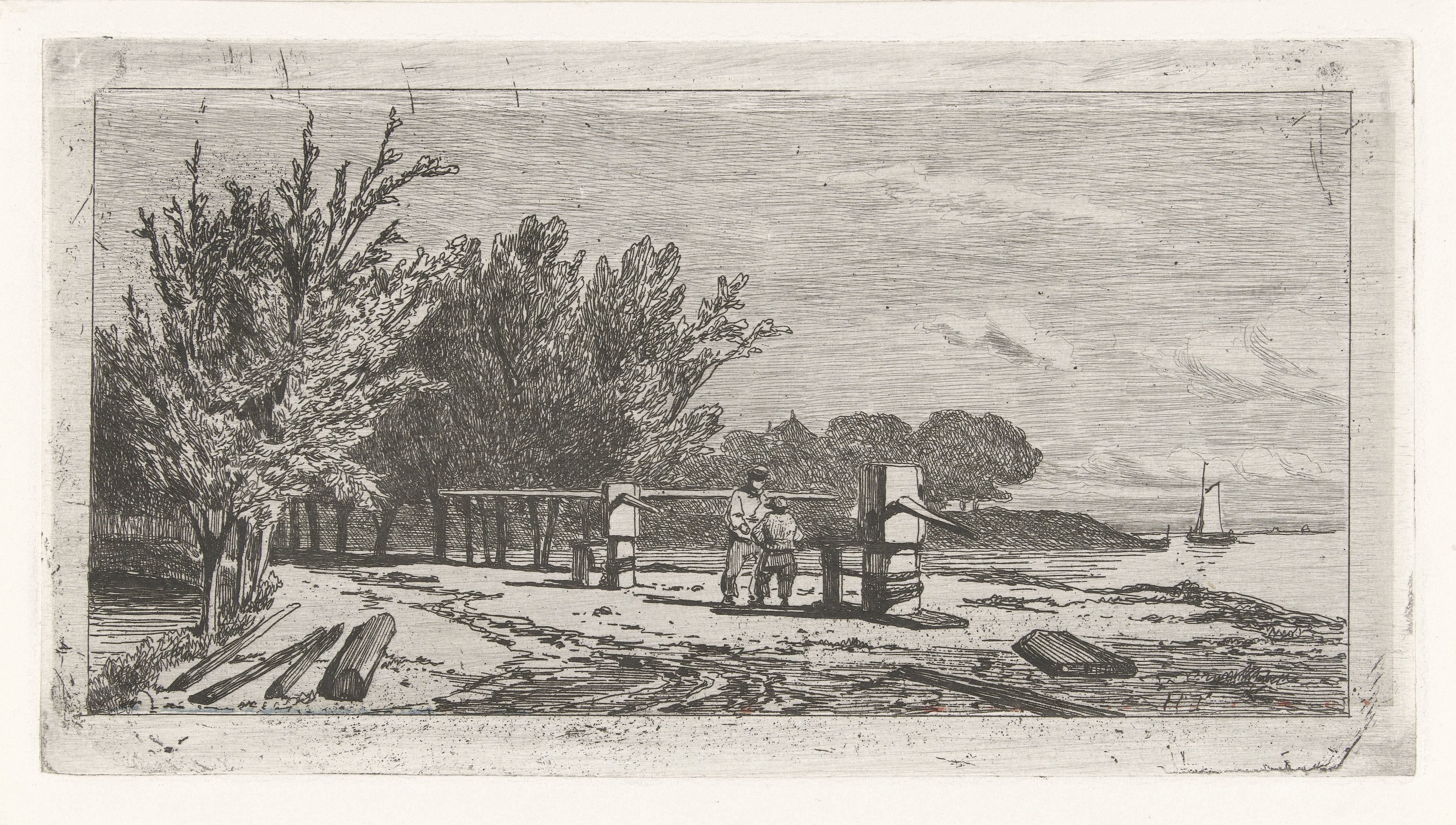 Man en jongen langs de oever van een rivier