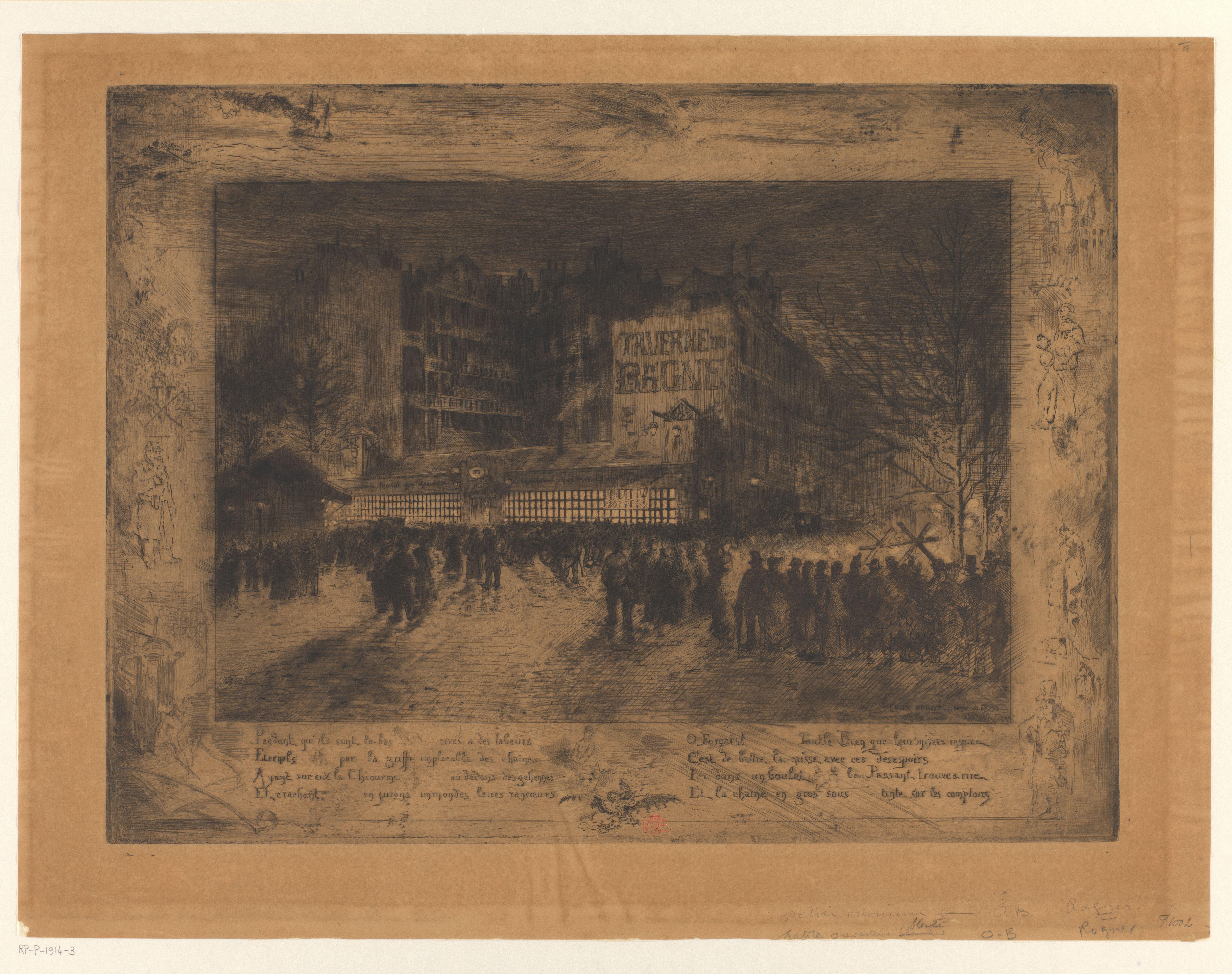 Gezicht op Place des Martyrs-Juifs-du-Vélodrome-d'Hiver met de Taverne du Bagne bij nacht