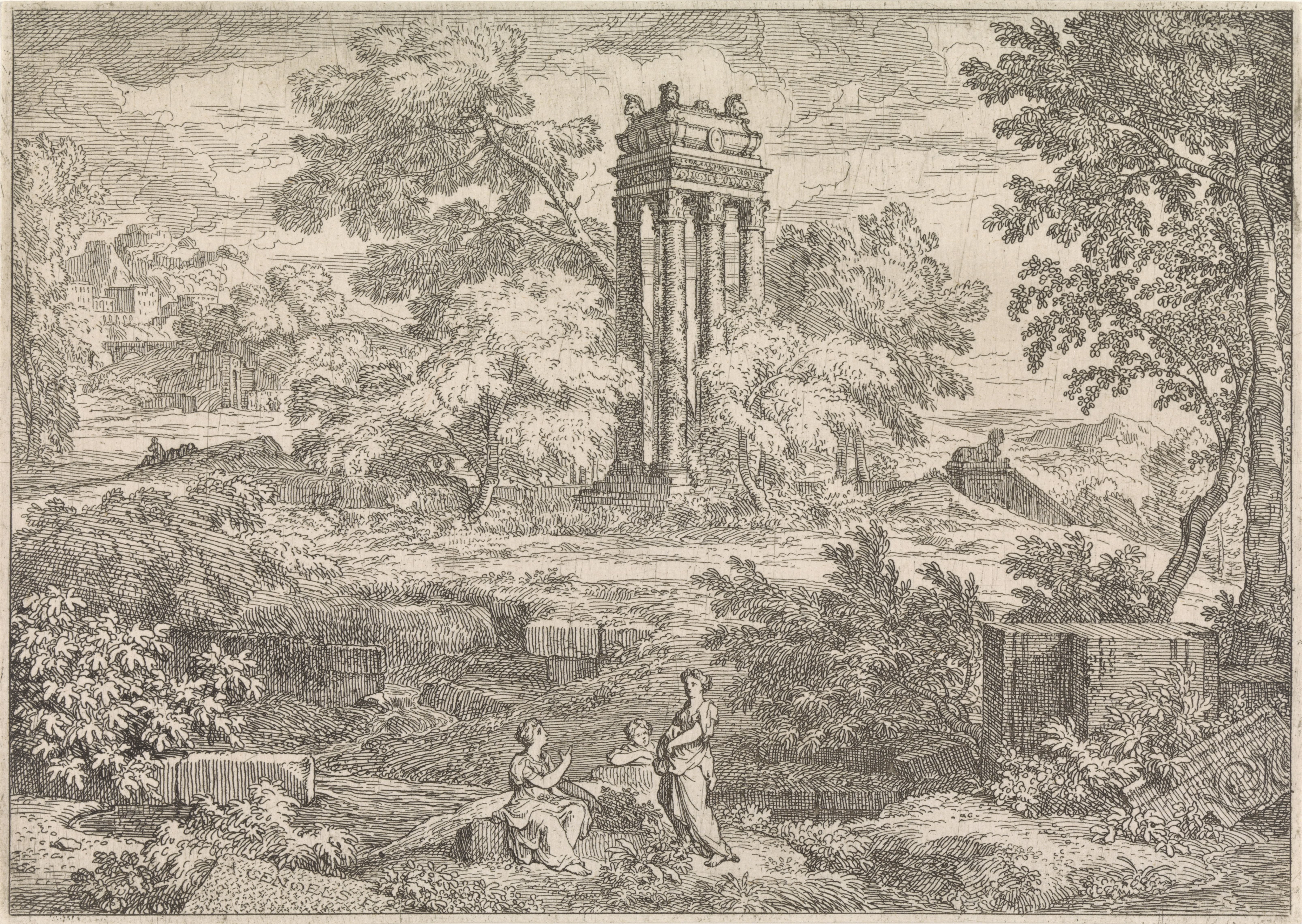 Arcadisch landschap met een mausoleum met zes zuilen