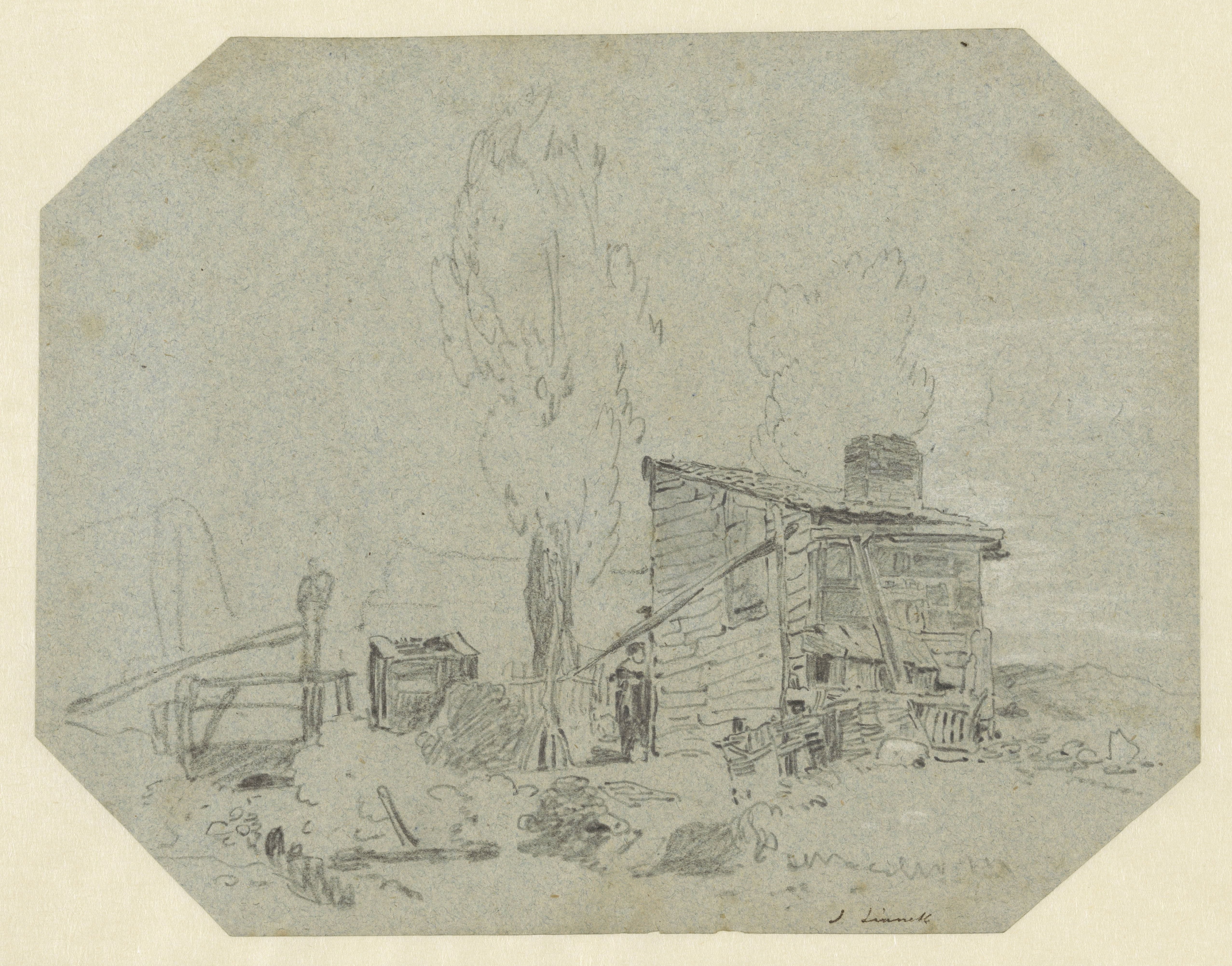 Houten keet in een landschap met twee bomen en een bruggetje