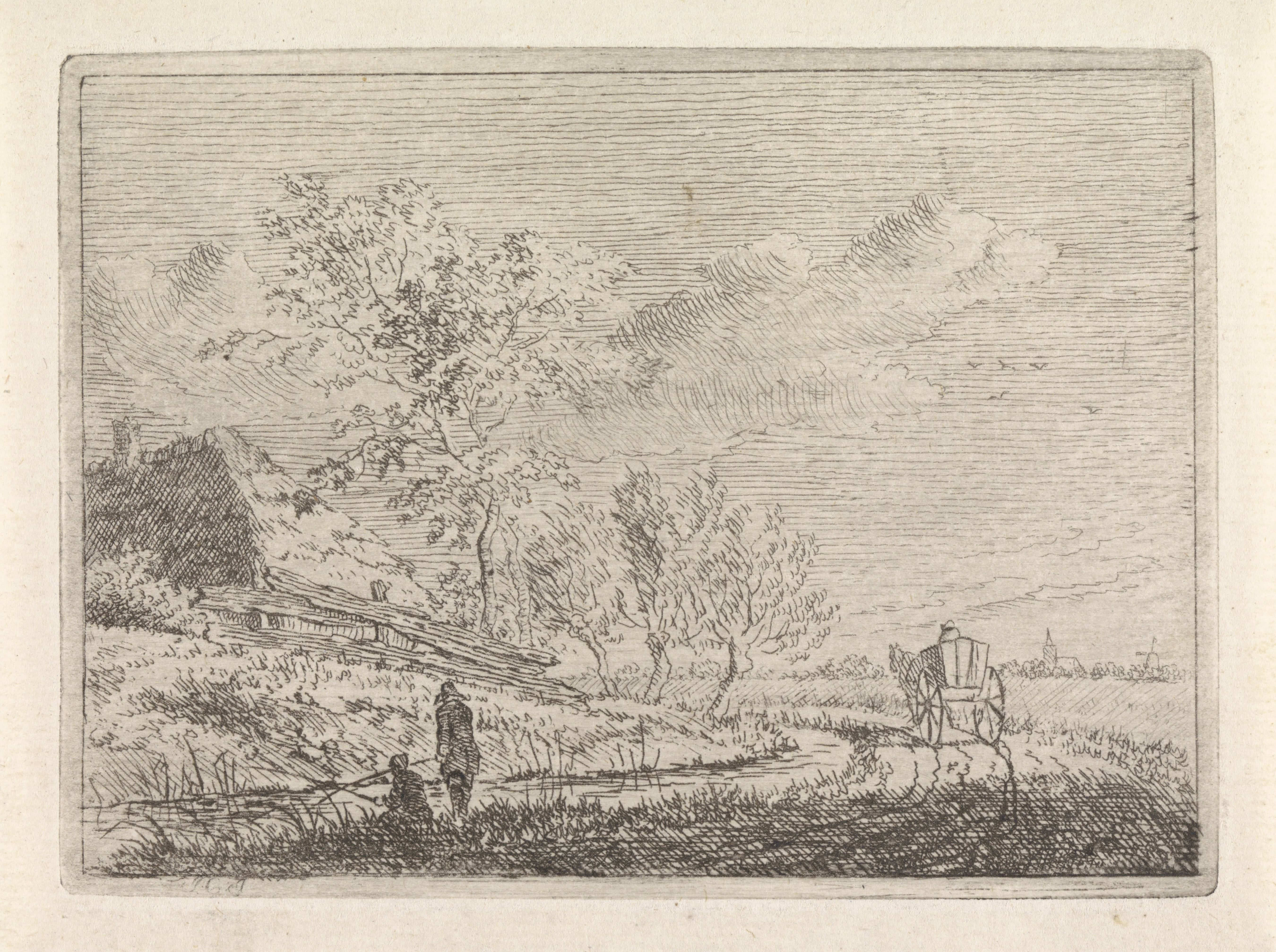 Landschap met kar en twee vissers