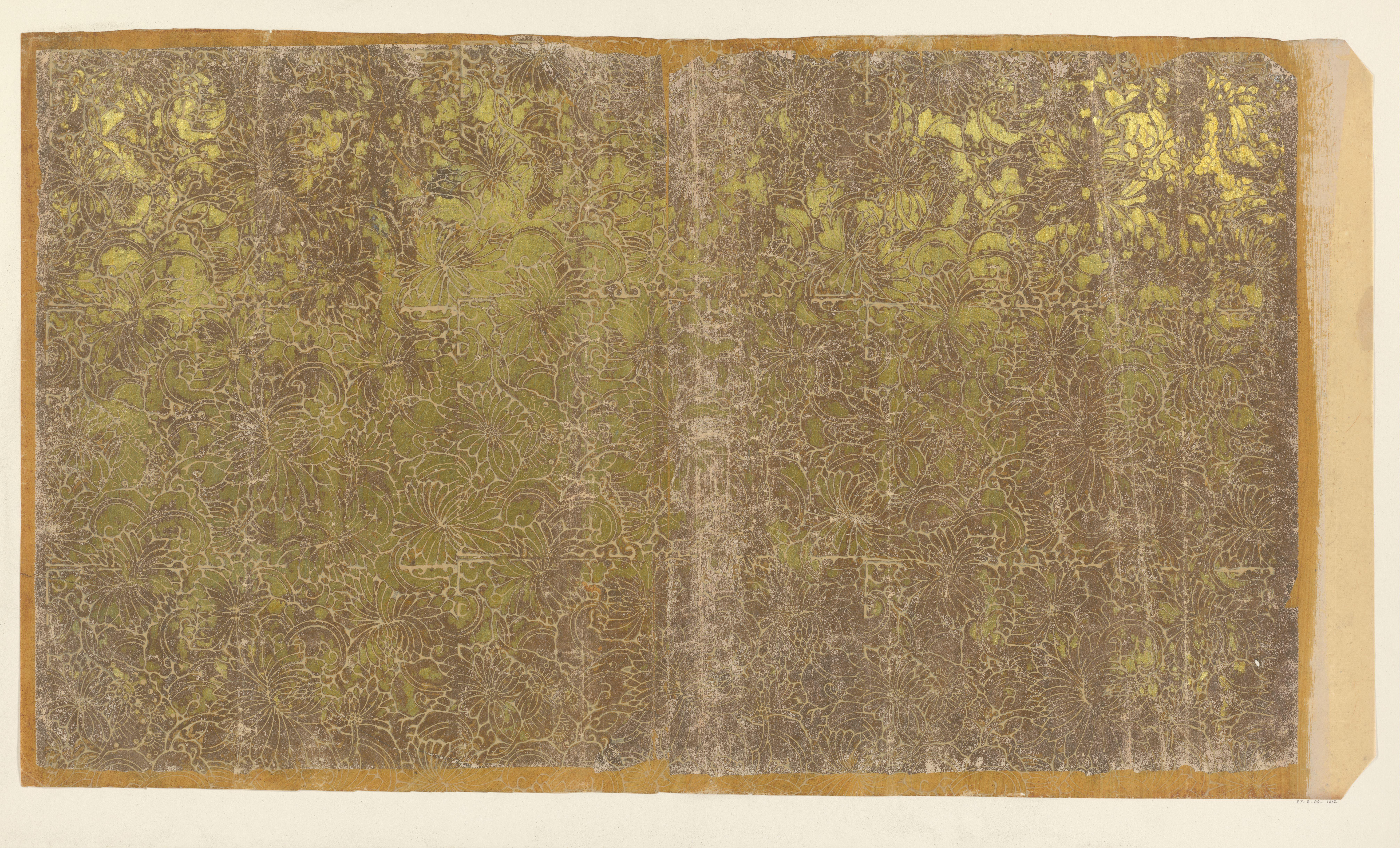 Blad met aaneengesloten bladvullend patroon van chrysanten (één van tien identieke bladen)