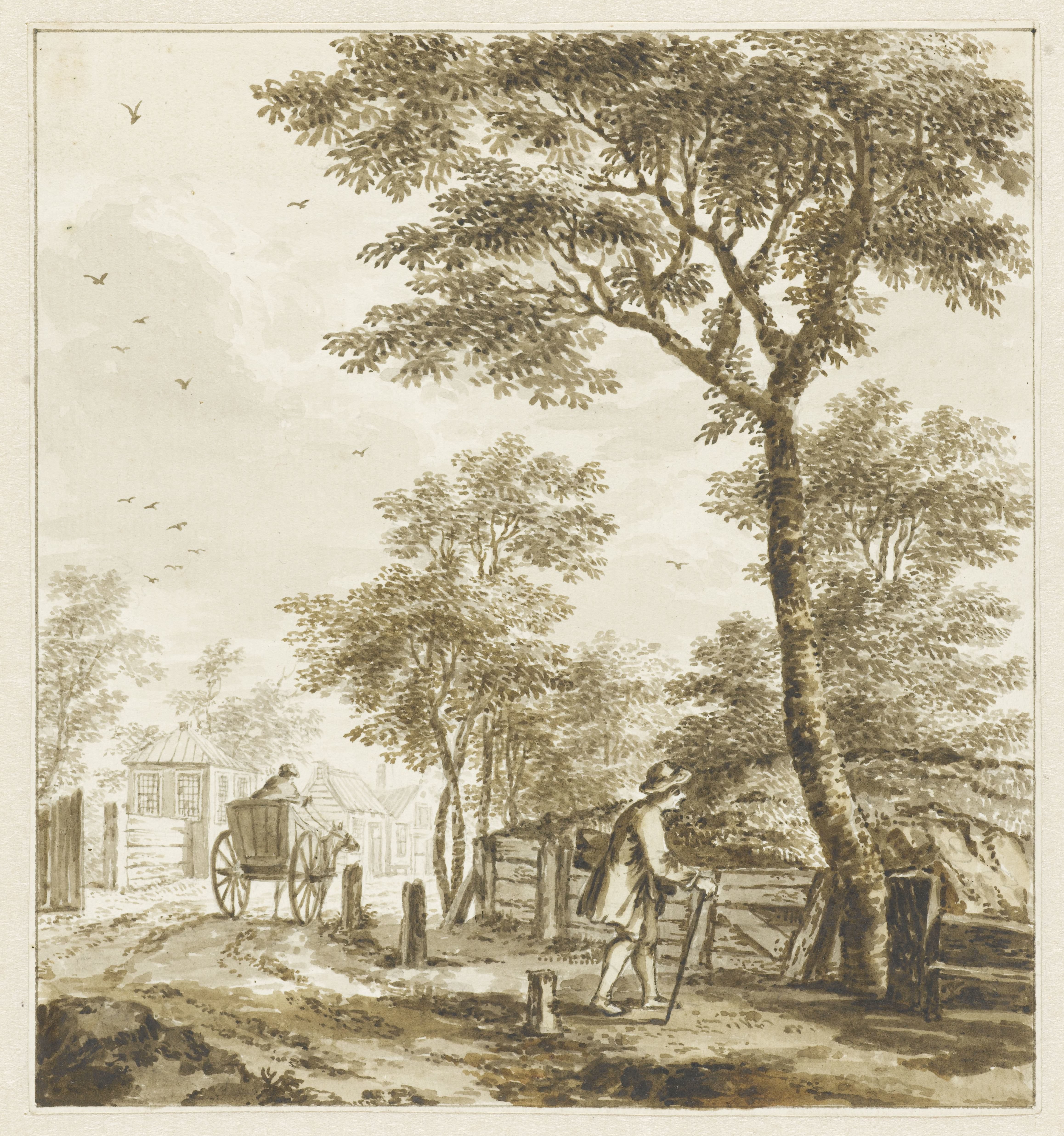 Landschap met figuren en een paard en wagen
