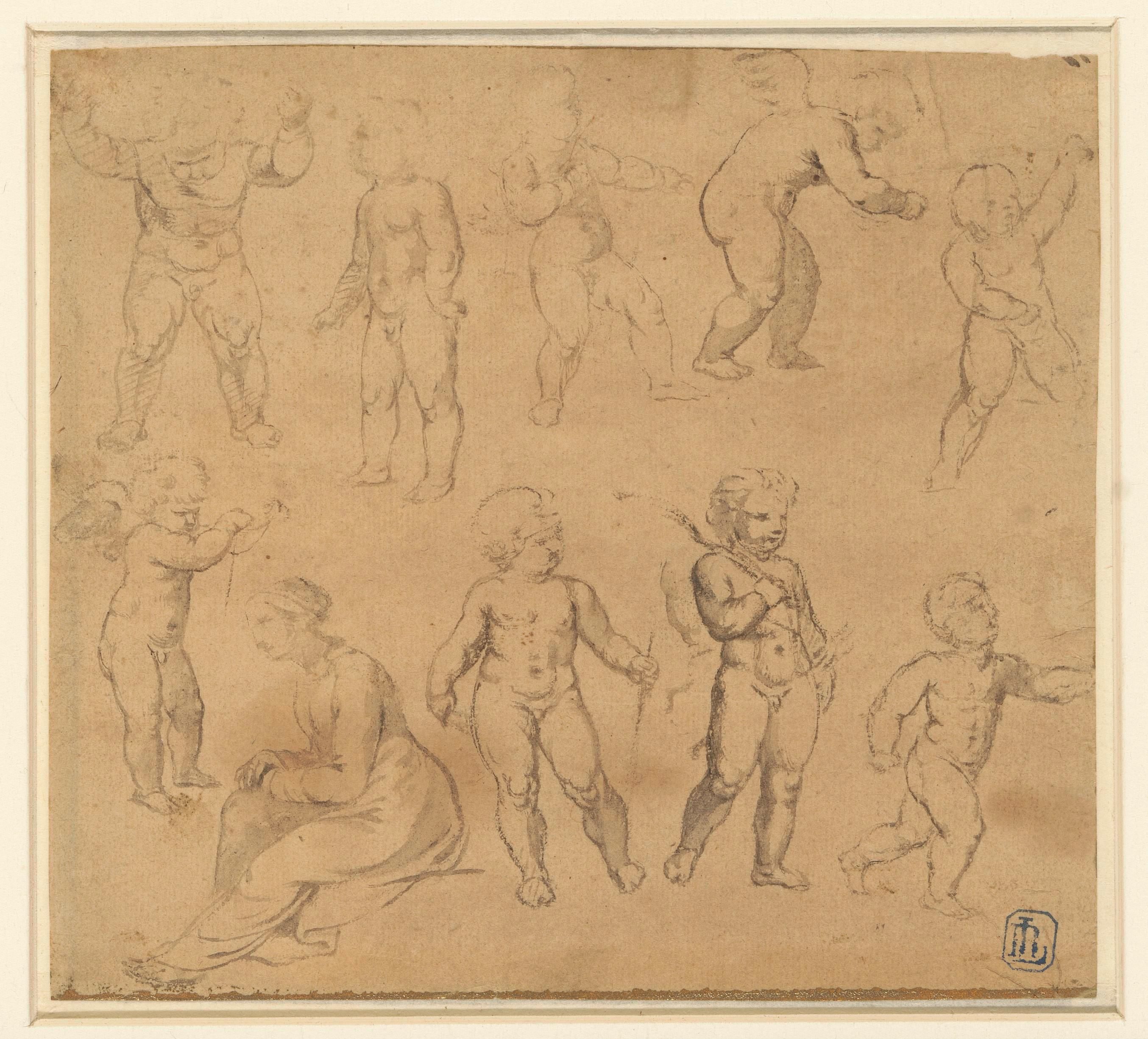 Negen studies van putti en een naar links zittende vrouw