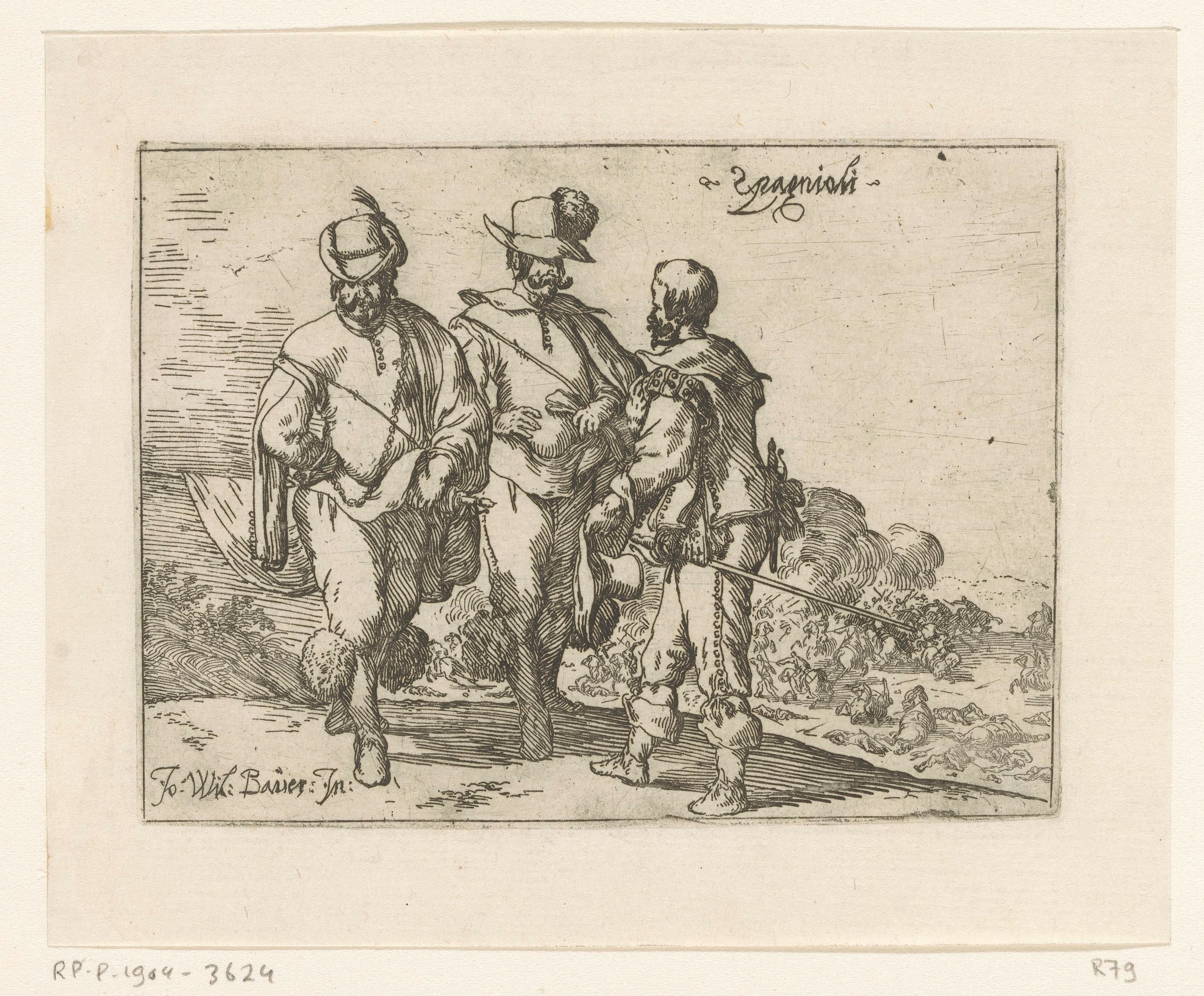 Drie Spanjaarden, een veldslag in de achtergrond