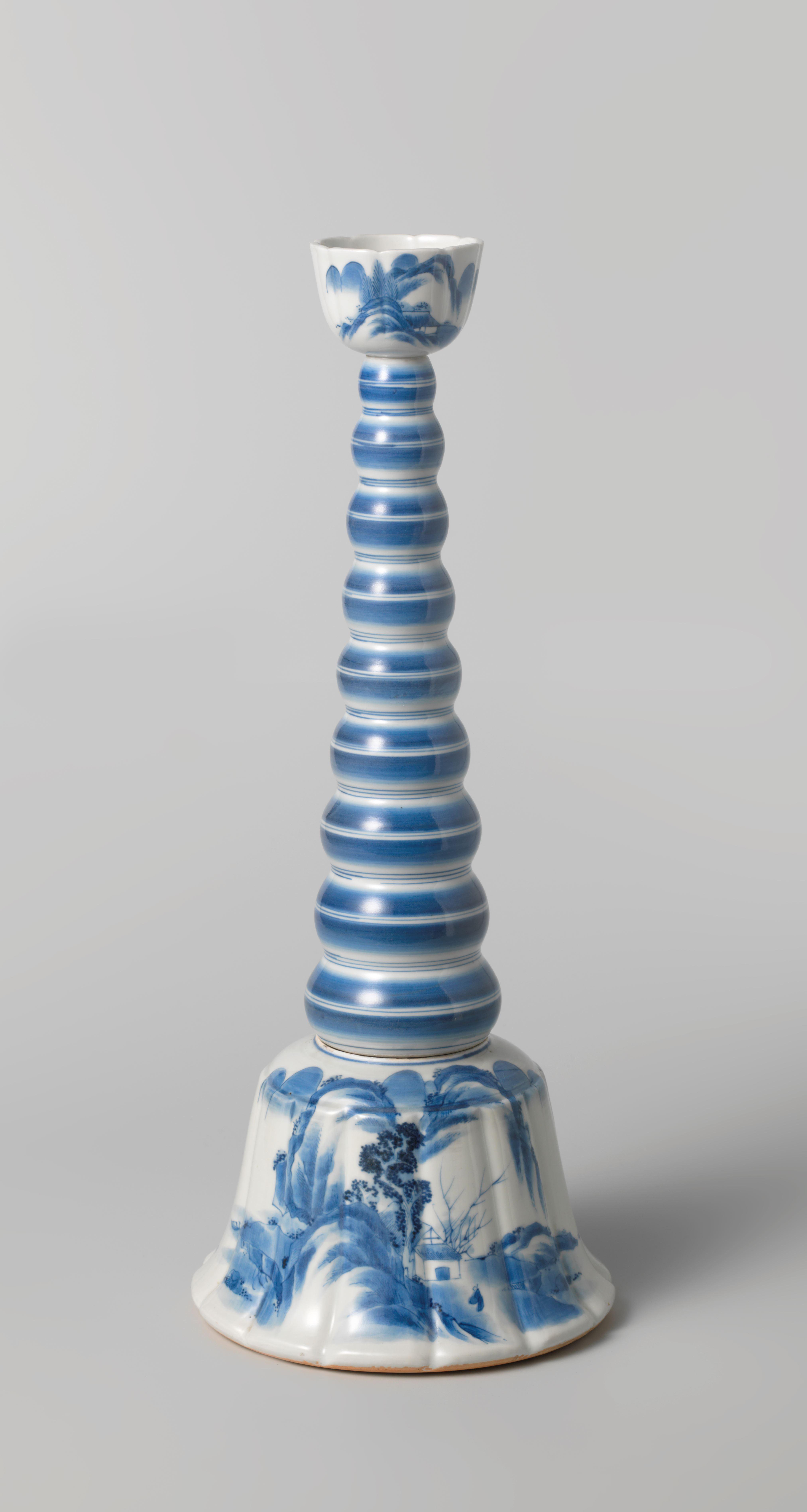 Candlestick with a conical bulb stem and candleholder and base with a water landscape