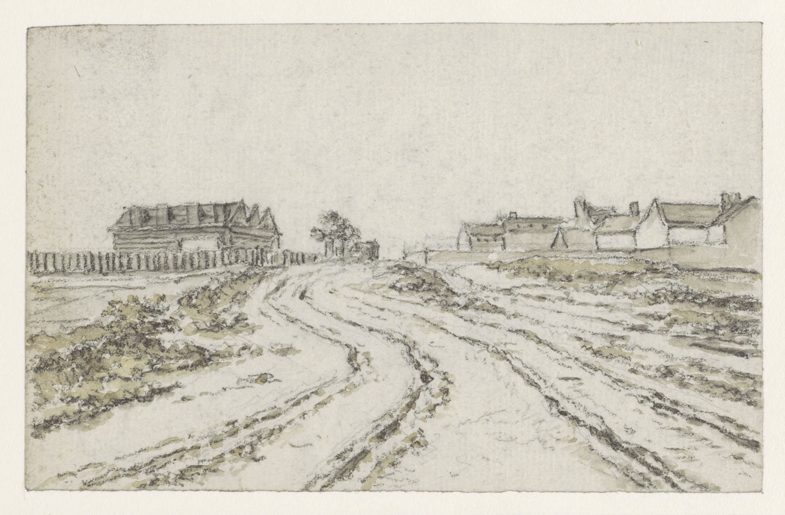 Weg met diepe karresporen, in het verschiet links en rechts huizen